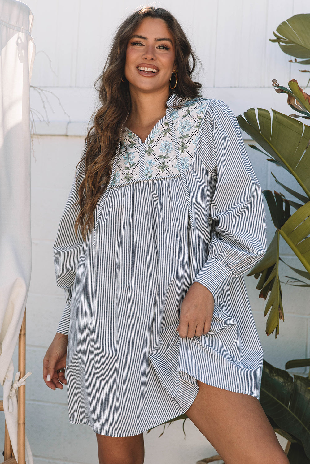 Blue Zone Planet | Black Stripe Floral Patchwork Tied V Neck Shift Long Sleeve Mini Dress-TOPS / DRESSES-[Adult]-[Female]-2022 Online Blue Zone Planet