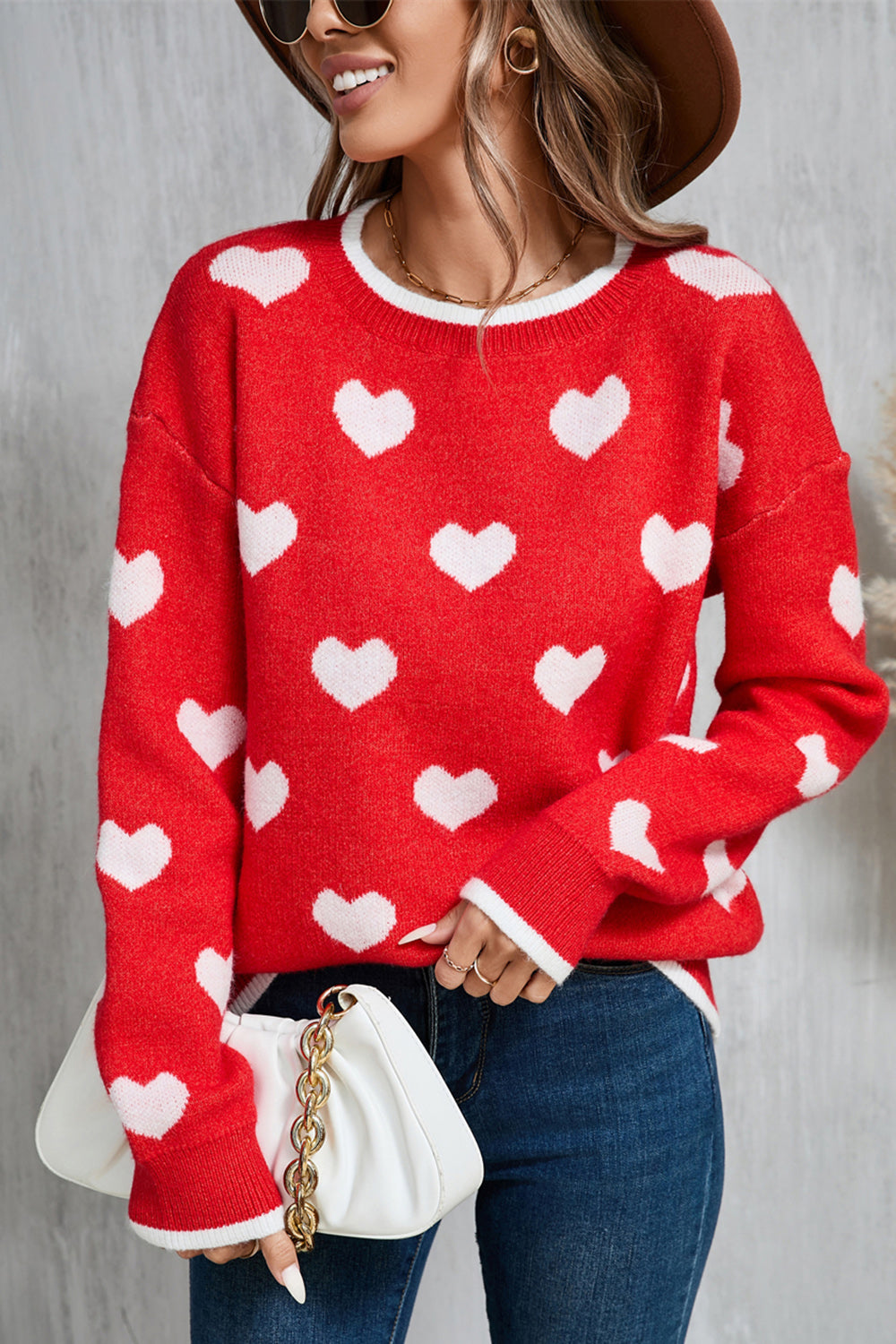 Angel Wings Contrast Trim Heart Round Neck Sweater-TOPS / DRESSES-[Adult]-[Female]-Red-S-2022 Online Blue Zone Planet