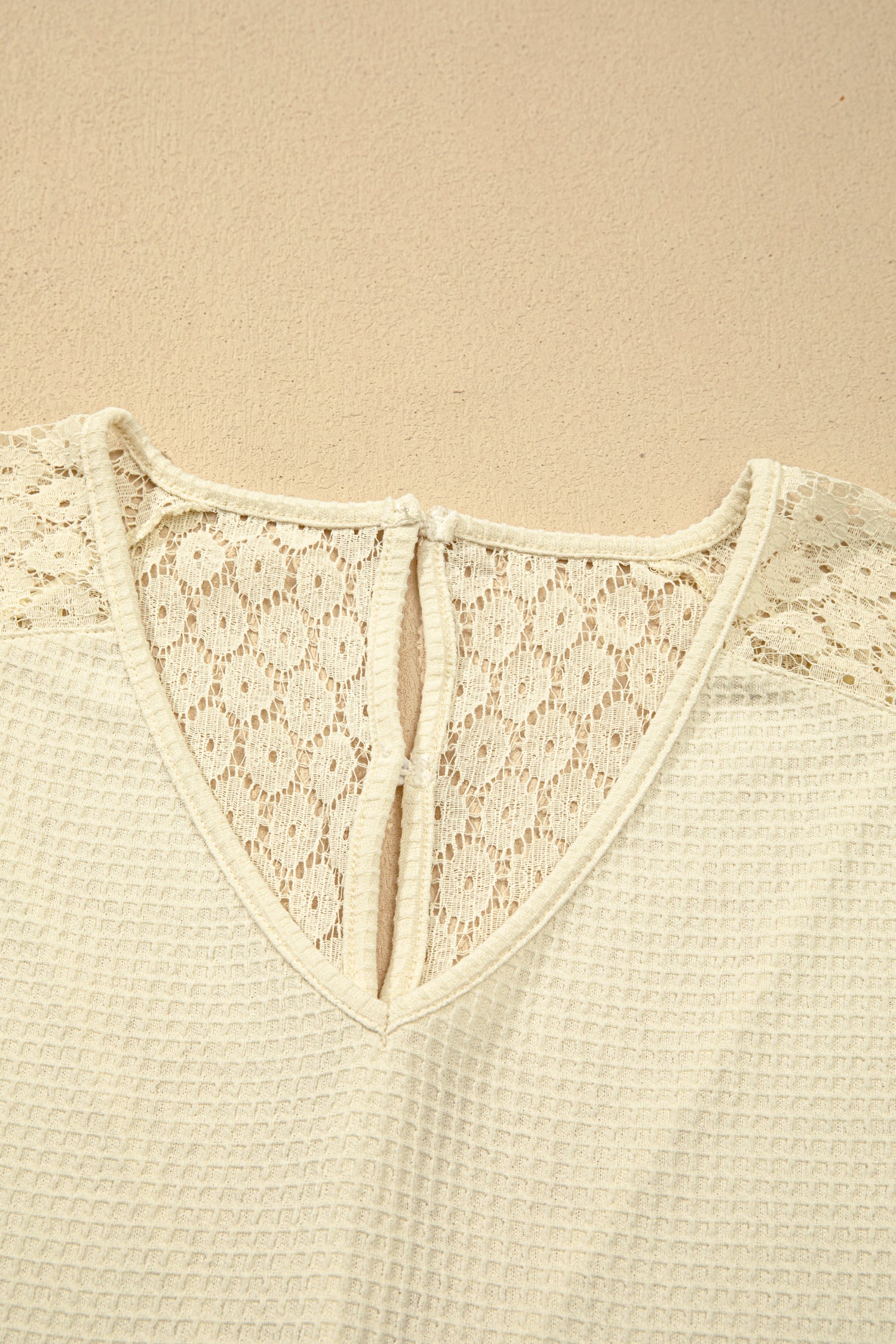 Beige Lace Splicing Button Cutout V Neck Waffle Knit Blouse-Tops/Blouses & Shirts-[Adult]-[Female]-2022 Online Blue Zone Planet