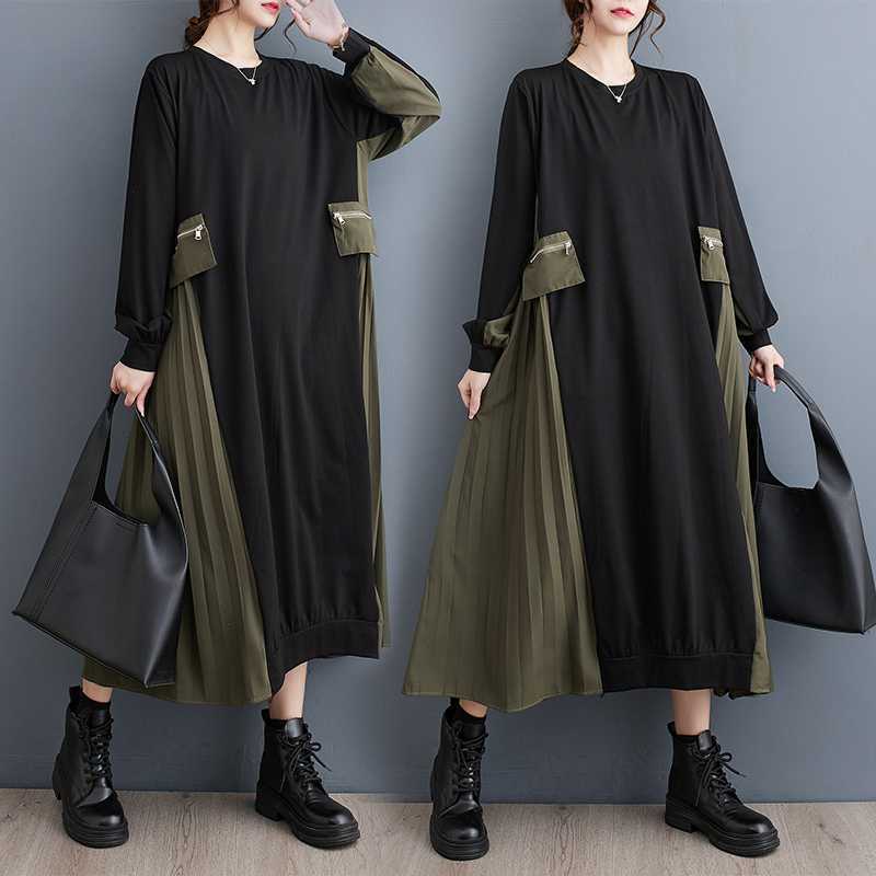 Laura's Elegant Long Sleeve Pleated Maxi Dress-TOPS / DRESSES-[Adult]-[Female]-Black with green-One Size-2022 Online Blue Zone Planet