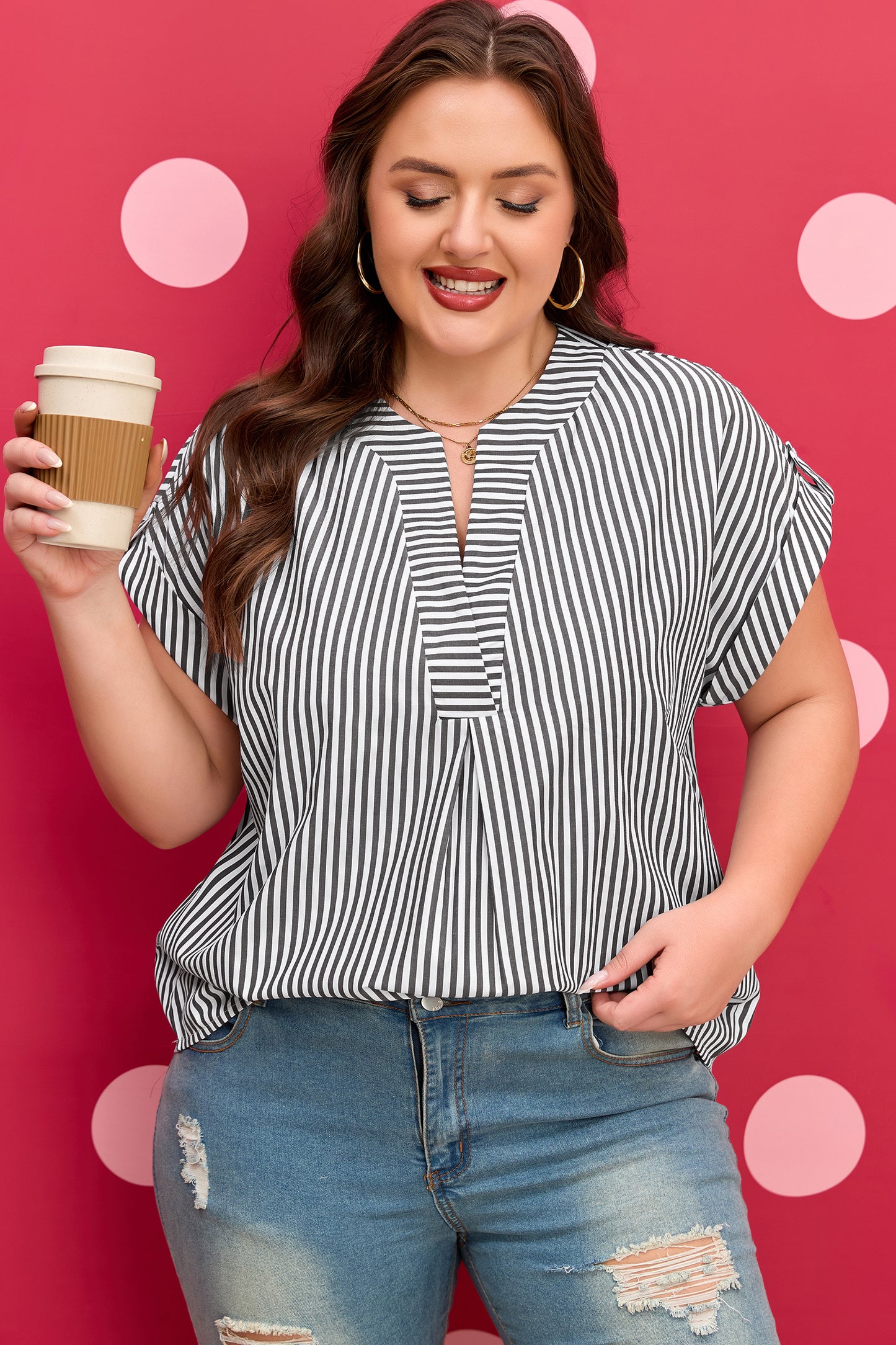 Black Stripe Plus Size V Neck Roll-Tab Short Dolman Sleeve Blouse-Plus Size/Plus Size Tops/Plus Size Blouses & Shirts-[Adult]-[Female]-2022 Online Blue Zone Planet