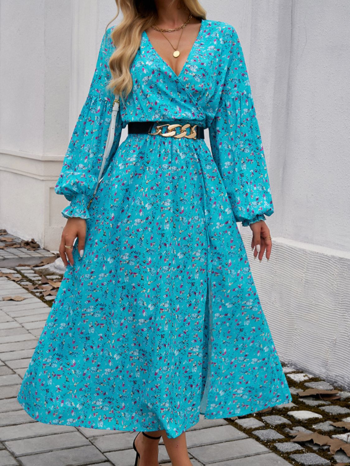 Split Printed Surplice Long Sleeve Midi Dress-TOPS / DRESSES-[Adult]-[Female]-2022 Online Blue Zone Planet