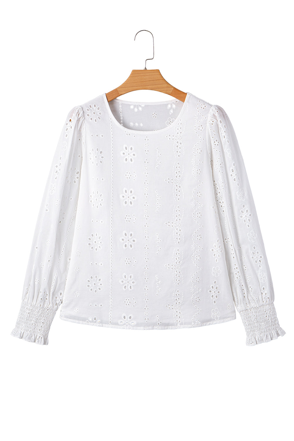 White Eyelet Embroidered Smocked Cuff Sheer Blouse-Tops/Blouses & Shirts-[Adult]-[Female]-2022 Online Blue Zone Planet
