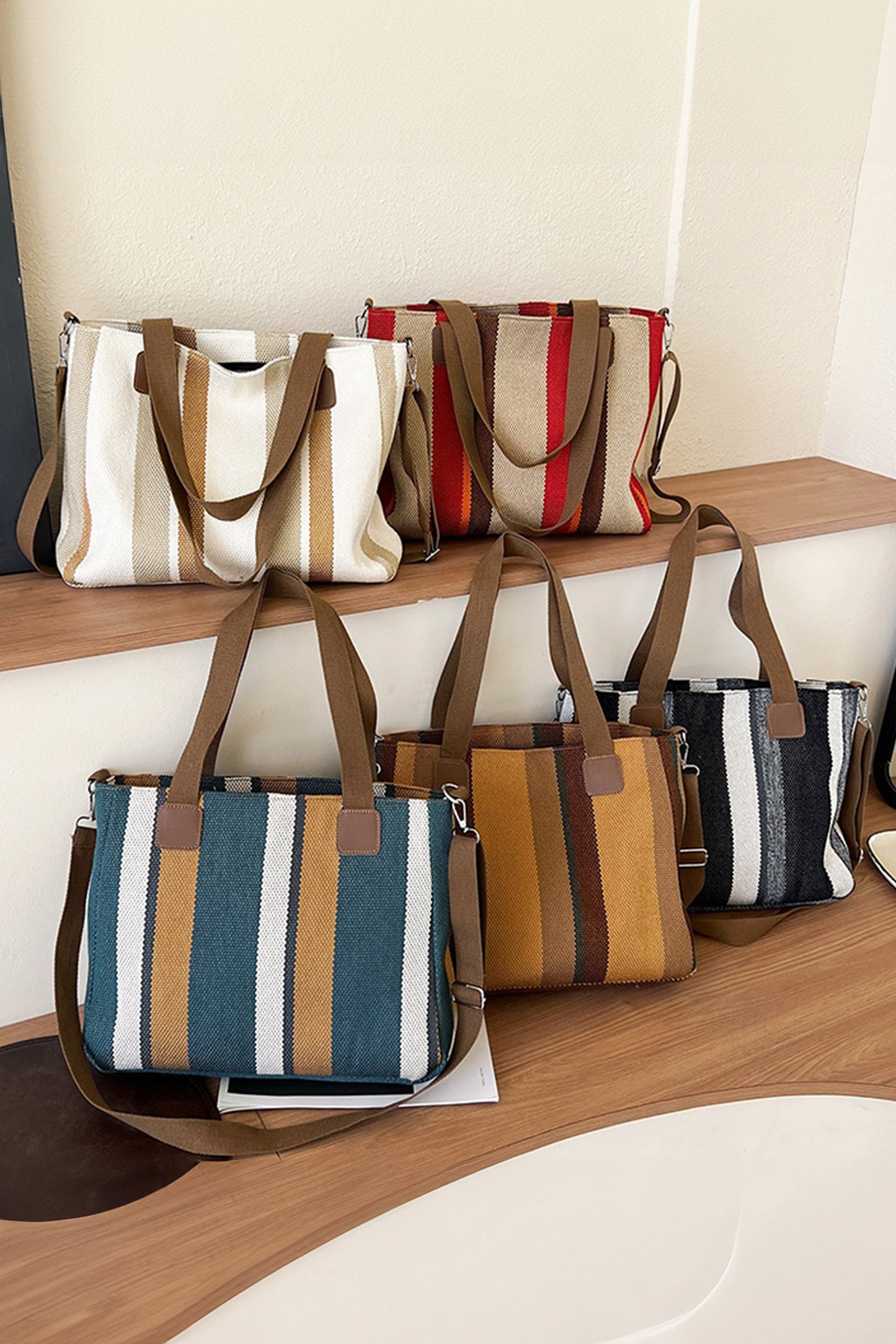Fiery Red Canvas Striped Convertible Tote Bag