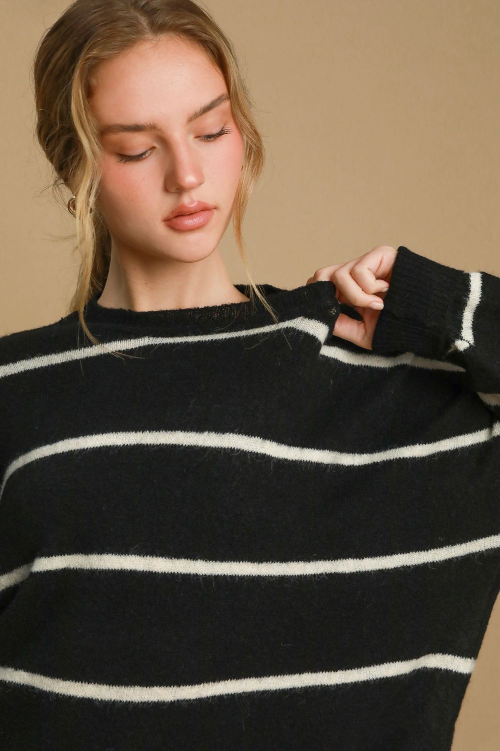 Umgee Wool Blend Striped Round Neck Sweater-TOPS / DRESSES-[Adult]-[Female]-2022 Online Blue Zone Planet