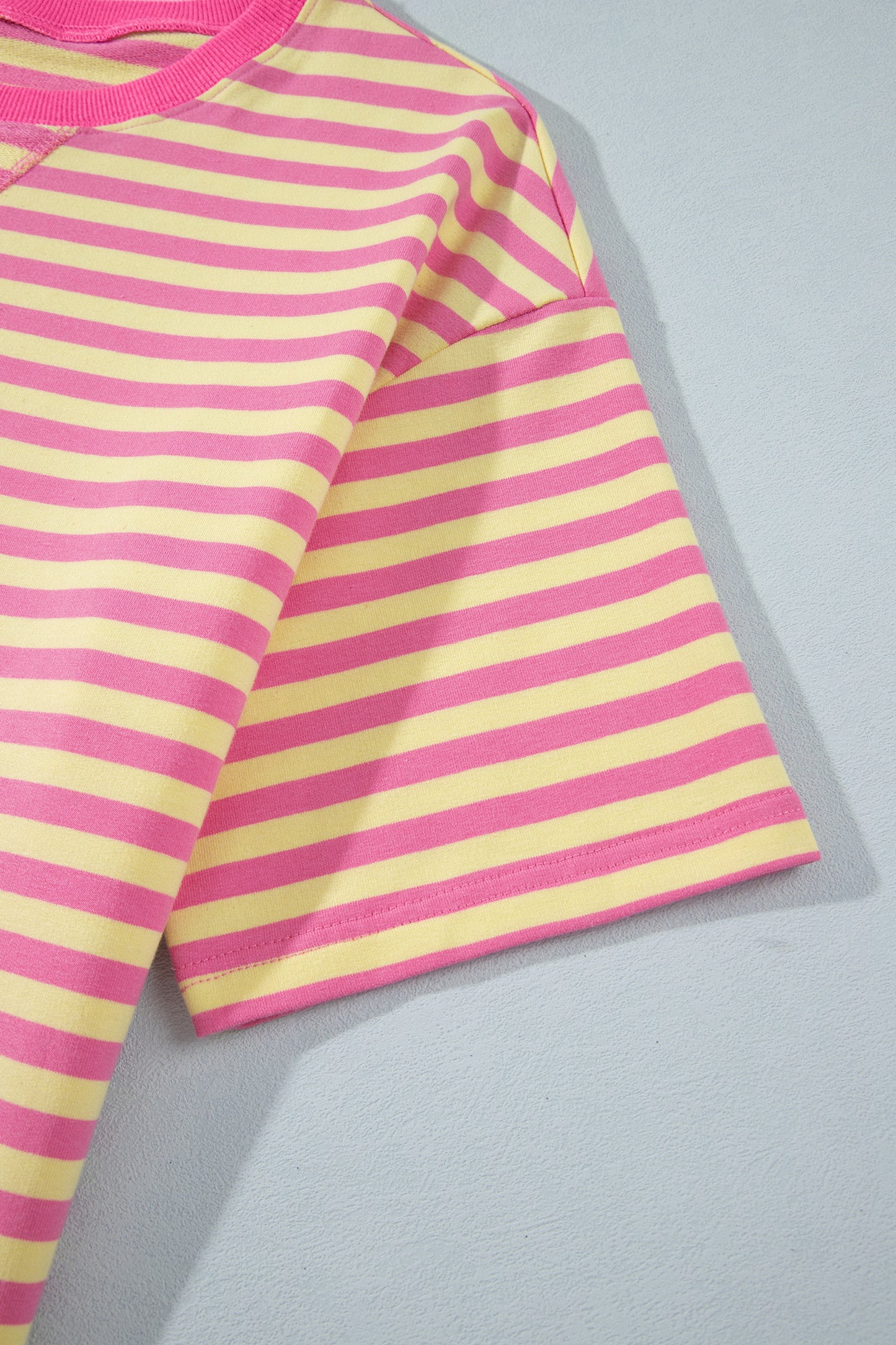 Pink Stripe Colorblock Trim Crew Neck Loose Tee Drawstring Elastic Waist 2pcs Pant Set-Two Piece Sets/Pant Sets-[Adult]-[Female]-2022 Online Blue Zone Planet