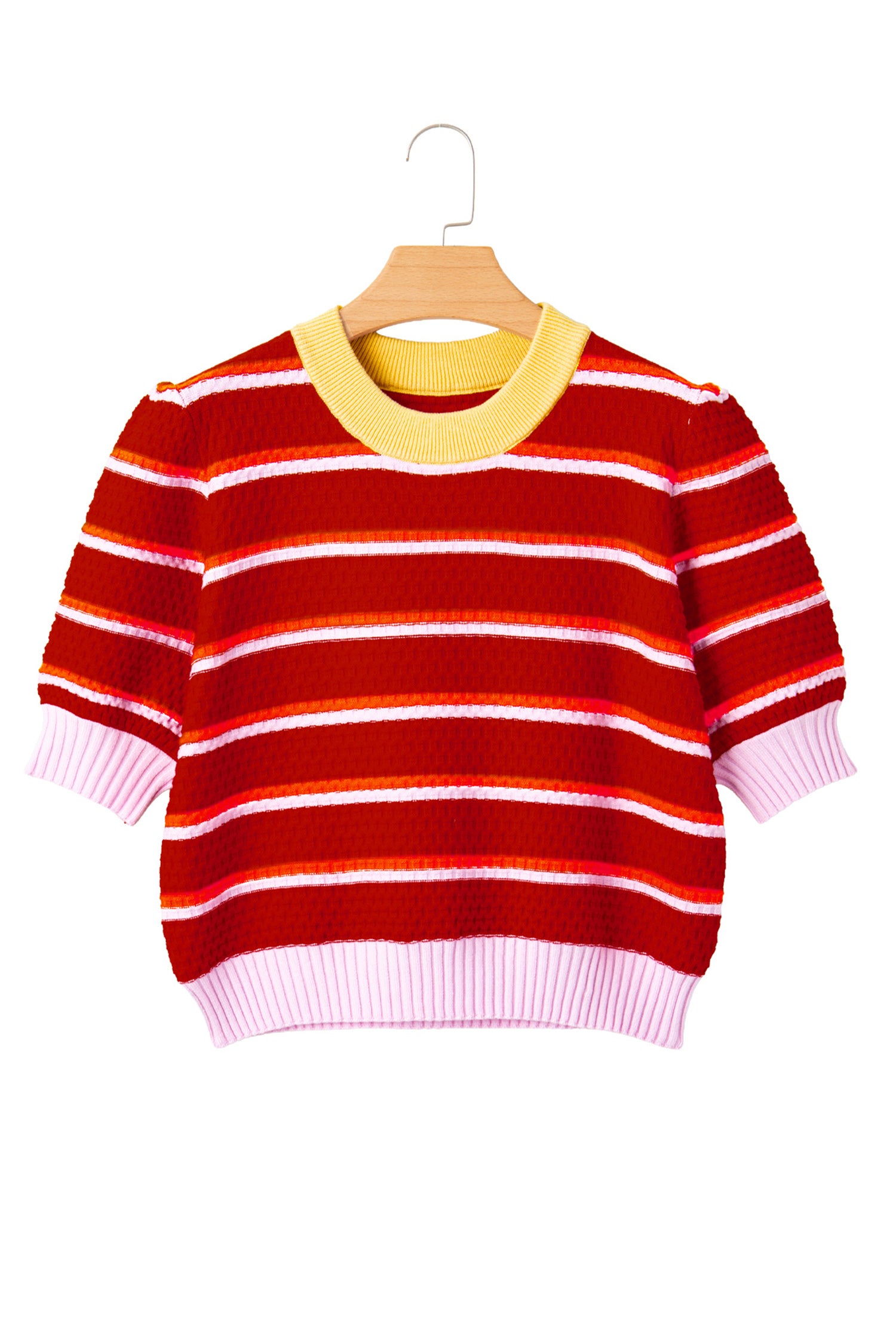 Red Stripe Colorblock Trim Half Sleeve Sweater Top-TOPS / DRESSES-[Adult]-[Female]-2022 Online Blue Zone Planet