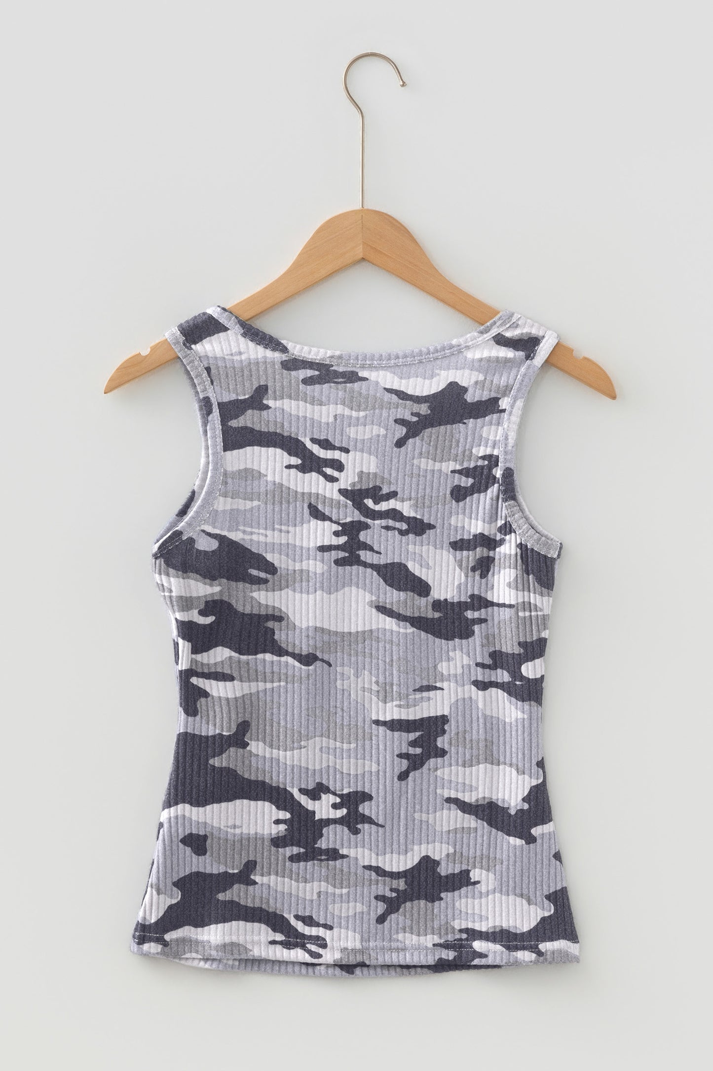 Gray Camouflage Print Ribbed Knit Round Neck Tank Top-Tops/Tank Tops-[Adult]-[Female]-2022 Online Blue Zone Planet