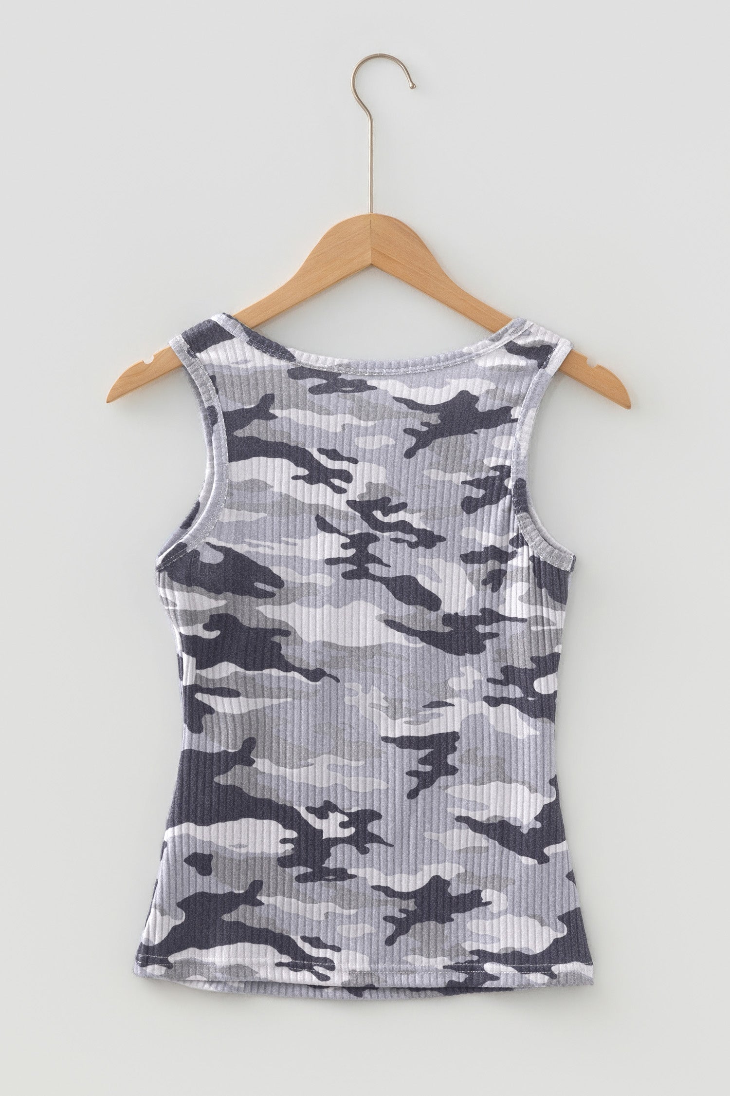 Gray Camouflage Print Ribbed Knit Round Neck Tank Top-Tops/Tank Tops-[Adult]-[Female]-2022 Online Blue Zone Planet