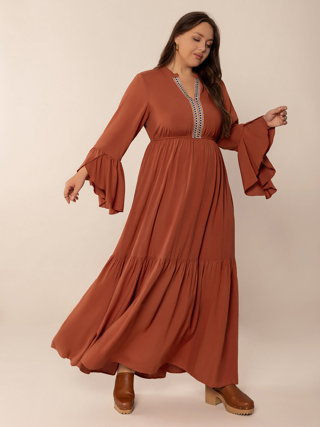 Plus Size Ruffled Notched Long Sleeve Midi Dress-TOPS / DRESSES-[Adult]-[Female]-2022 Online Blue Zone Planet