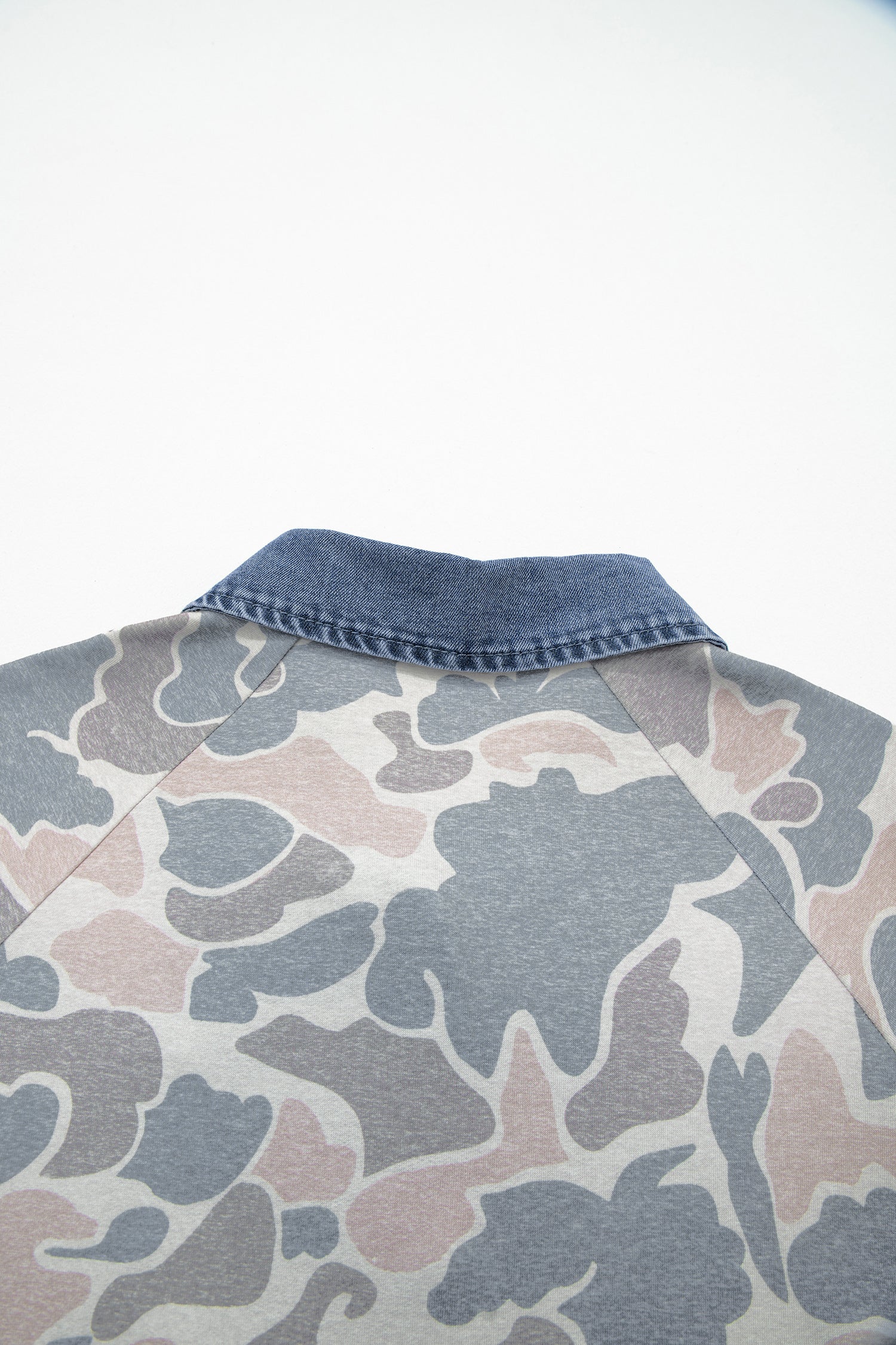Multicolour Camouflage Print Denim Patchwork Polo Collar Tee-Tops/Tops & Tees-[Adult]-[Female]-2022 Online Blue Zone Planet