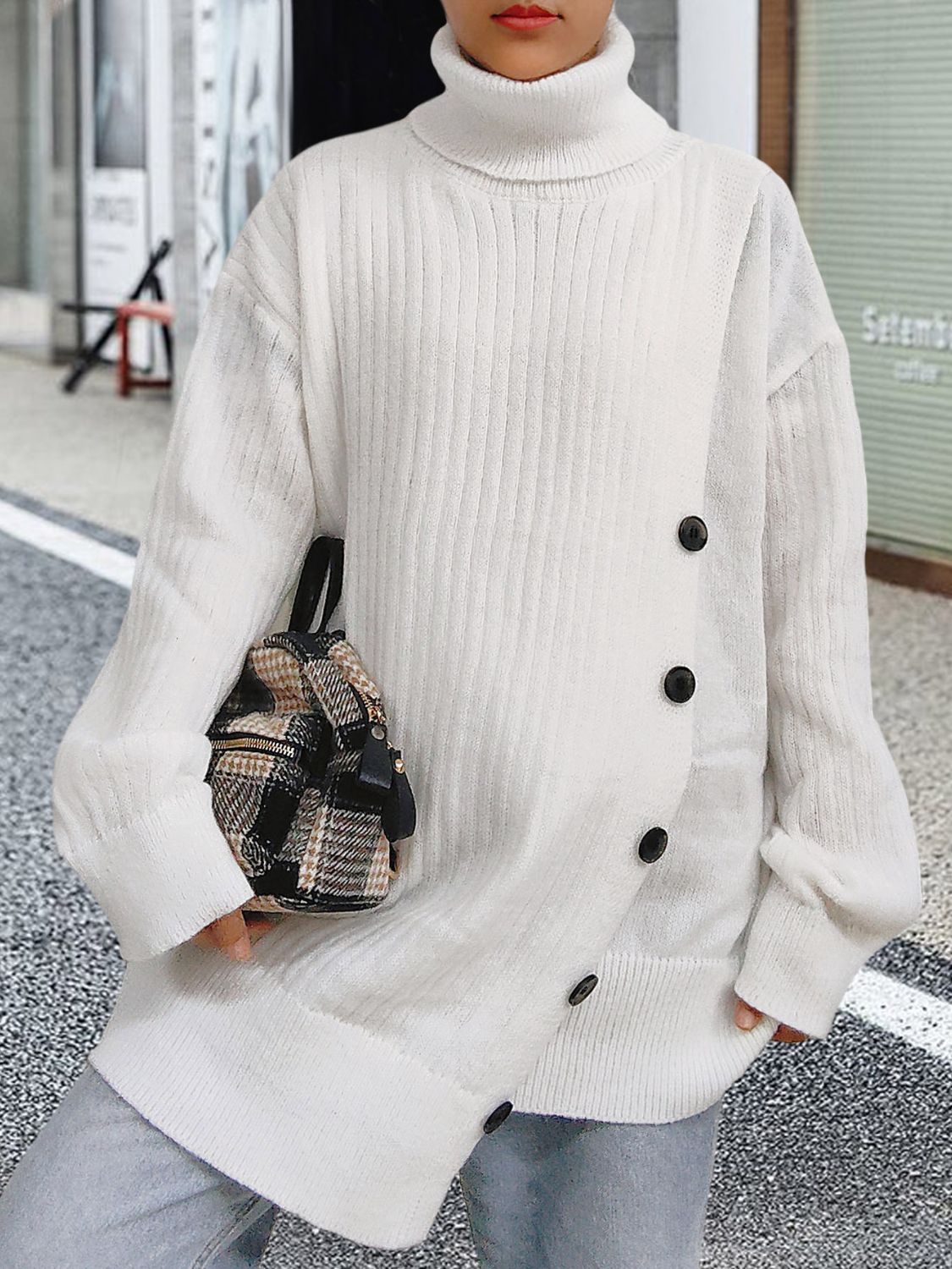 Turtleneck Dropped Shoulder Long Sleeve Sweater-TOPS / DRESSES-[Adult]-[Female]-White-One Size-2022 Online Blue Zone Planet