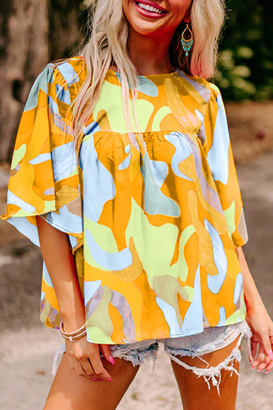 Vitality Orange Abstract Pattern Wide Sleeve Crew Neck Blouse-Tops/Blouses & Shirts-[Adult]-[Female]-Vitality Orange-S-2022 Online Blue Zone Planet
