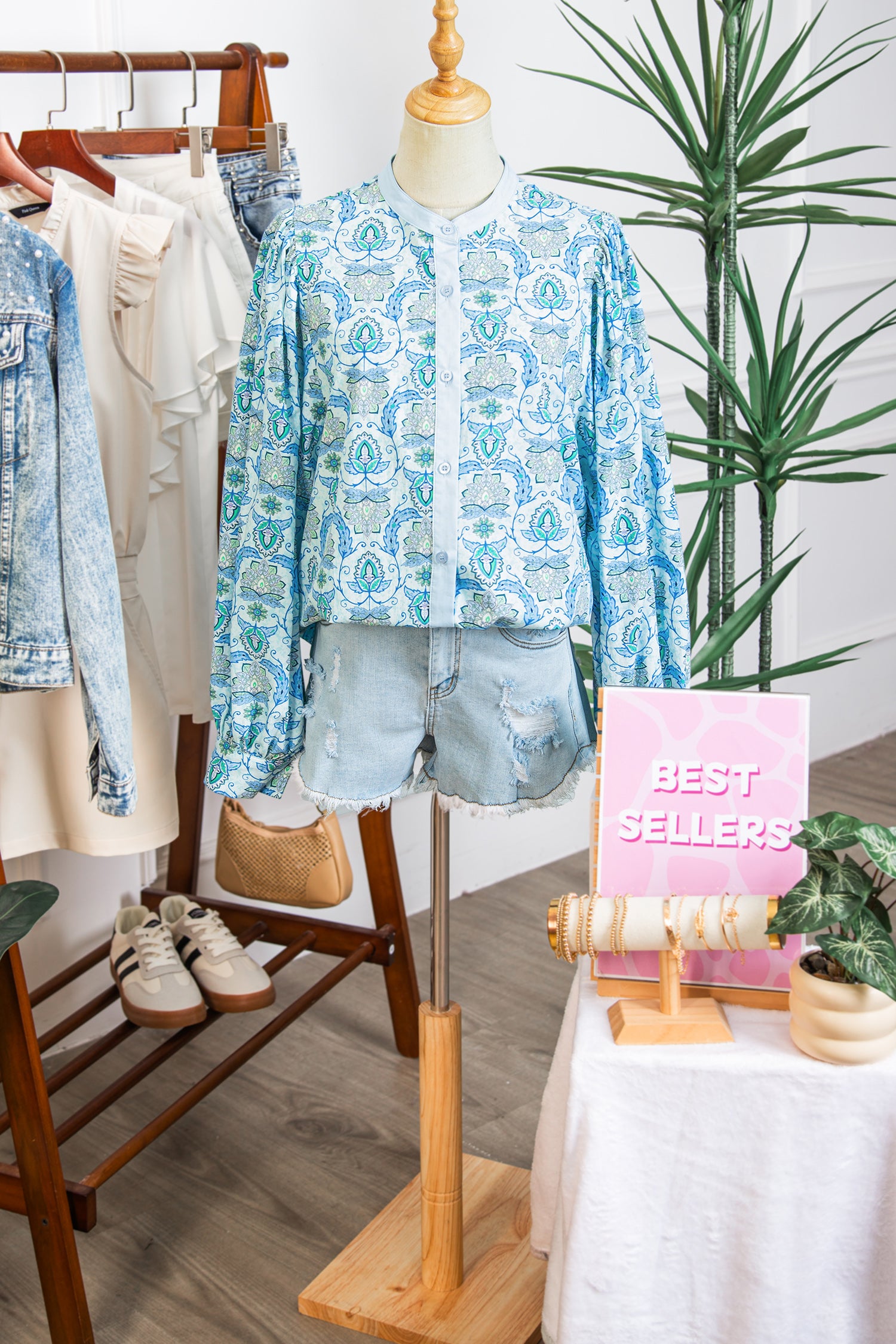 Sky Blue Paisley Print Puff Sleeve Loose Shirt-Tops/Blouses & Shirts-[Adult]-[Female]-2022 Online Blue Zone Planet