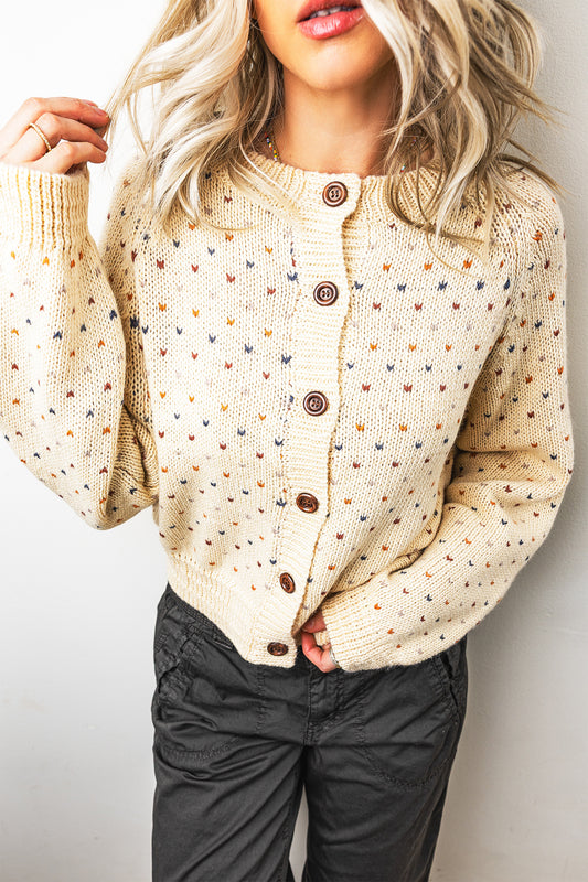 Beige Geometric Print Button Front Long Sleeve Regular Fit Cardigan-Sweaters & Cardigans/Cardigans-[Adult]-[Female]-Beige-S-2022 Online Blue Zone Planet