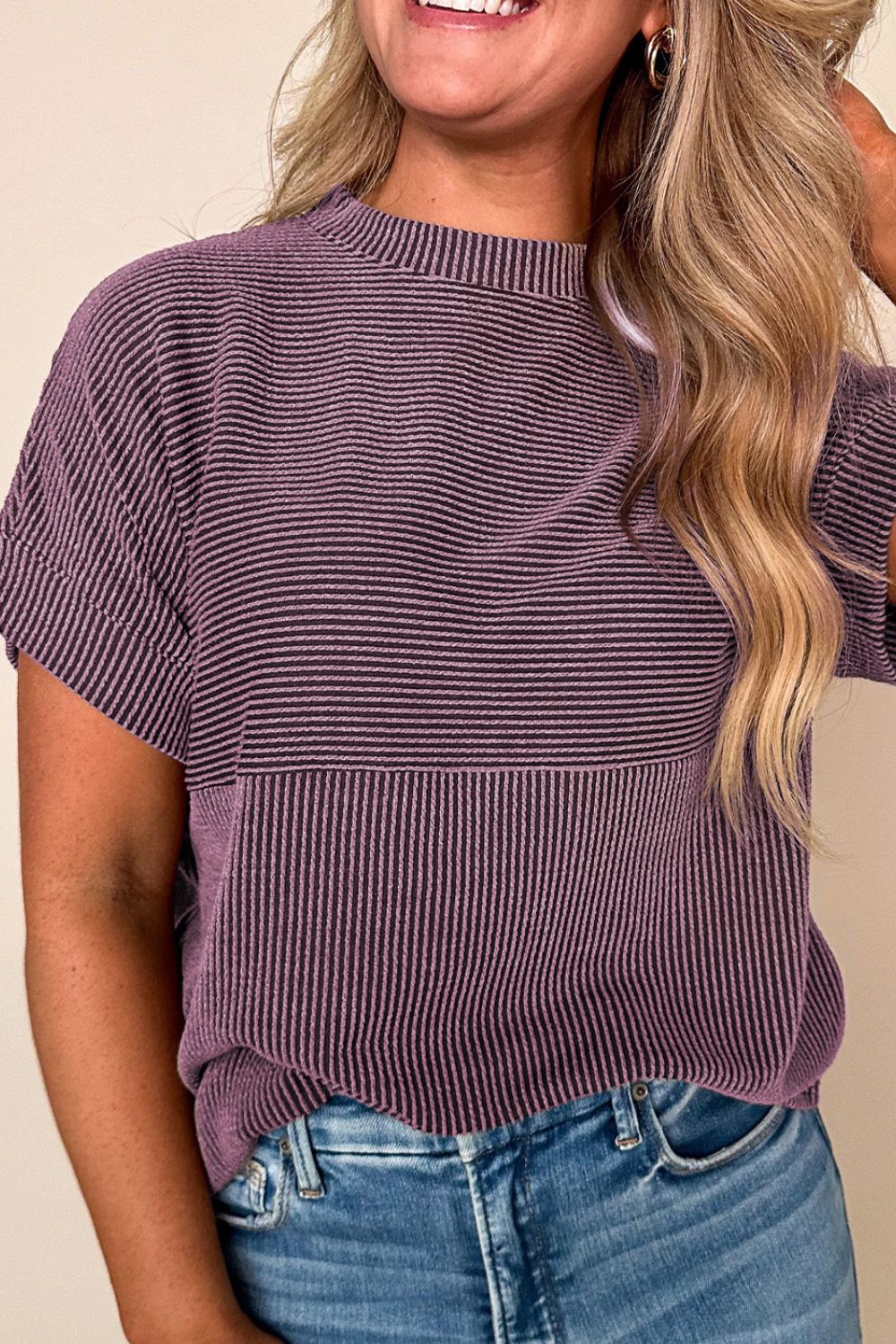 Corded Knit Mock Neck Short Sleeve T Shirt-TOPS / DRESSES-[Adult]-[Female]-Mauve-S-2022 Online Blue Zone Planet