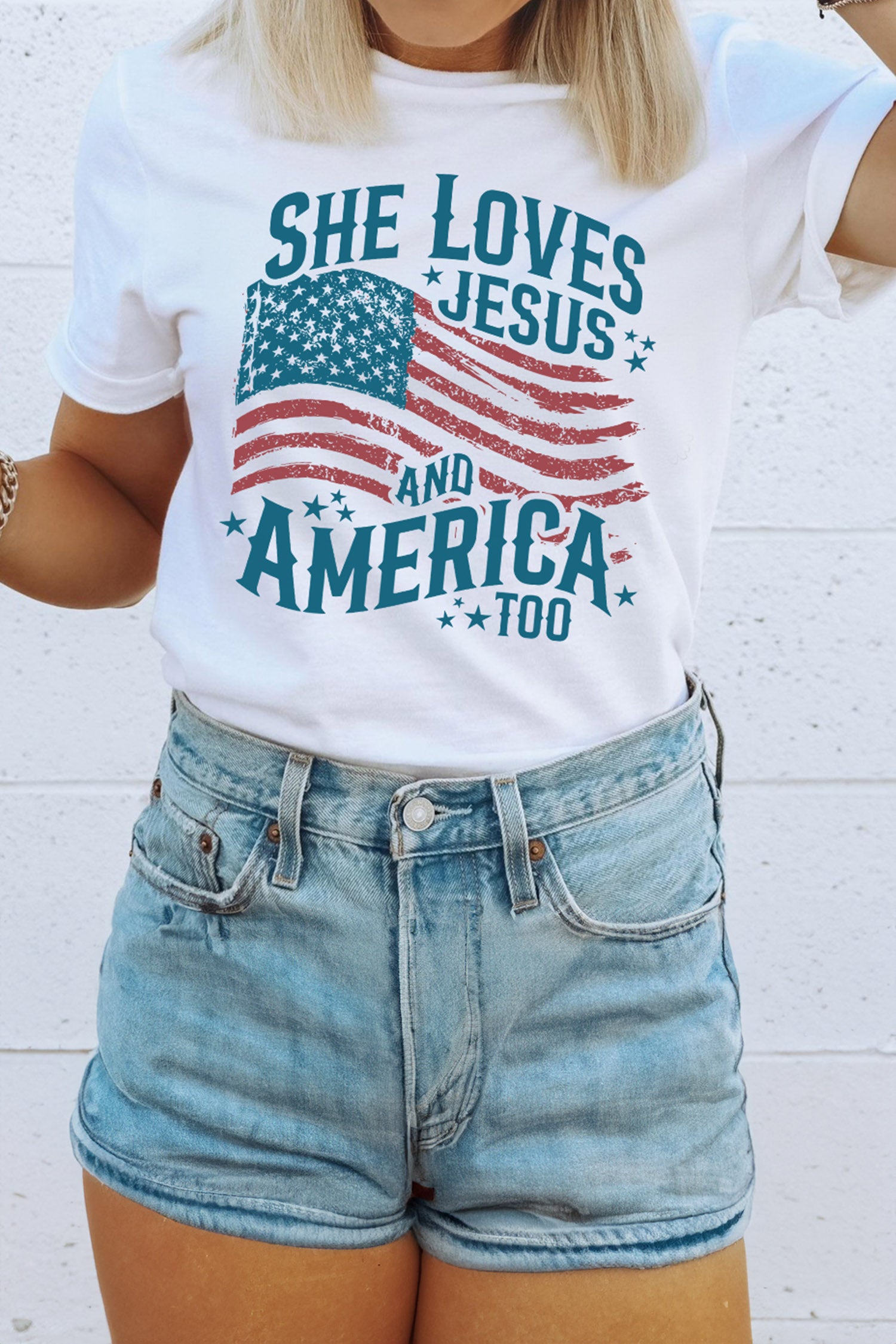White She Loves Jesus And America Flag Graphic Tee-Graphic/Graphic Tees-[Adult]-[Female]-2022 Online Blue Zone Planet