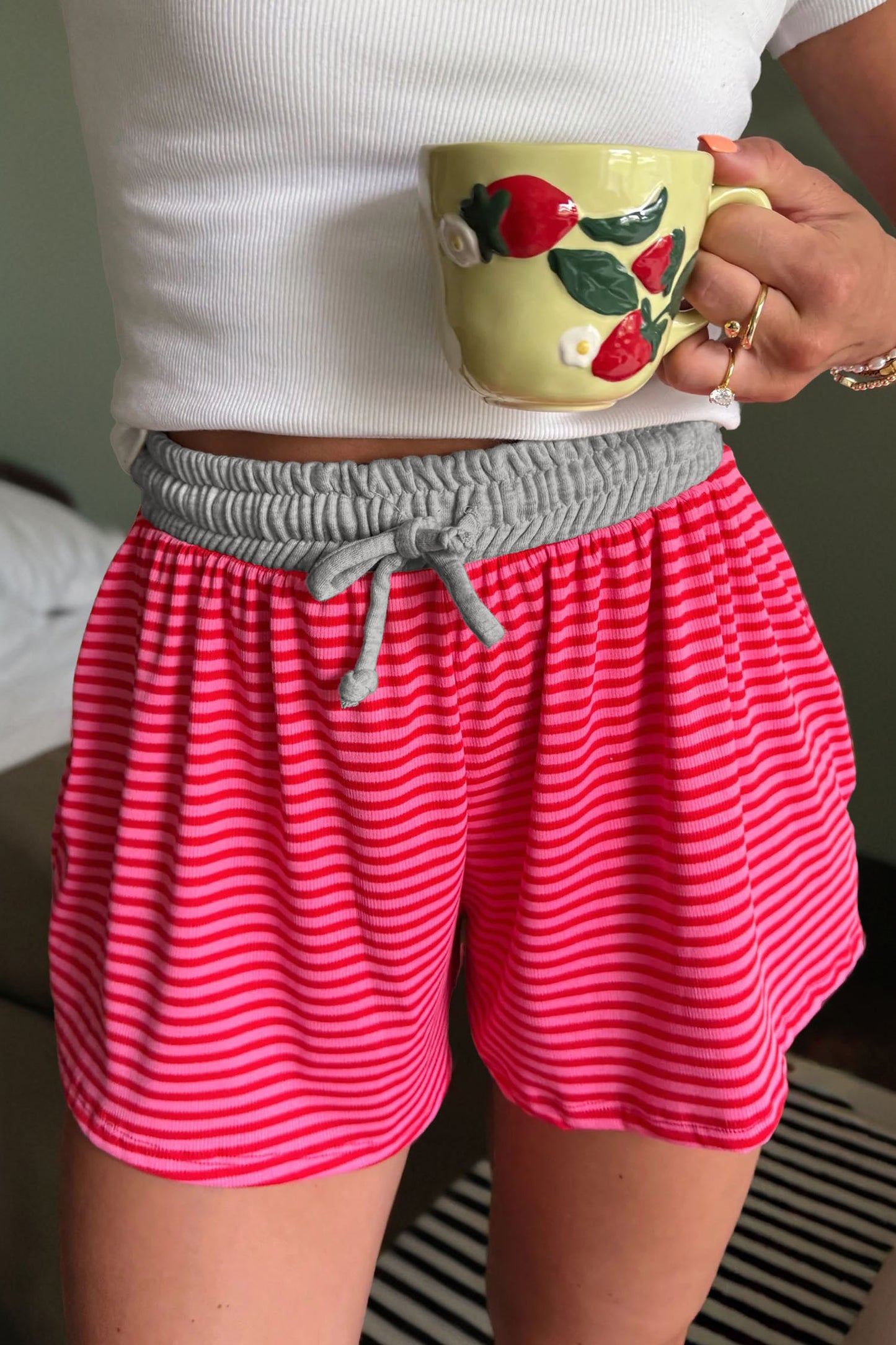 Rose Stripe Contrast Elastic Waist Casual Ribbed Shorts-Bottoms/Casual Shorts-[Adult]-[Female]-2022 Online Blue Zone Planet
