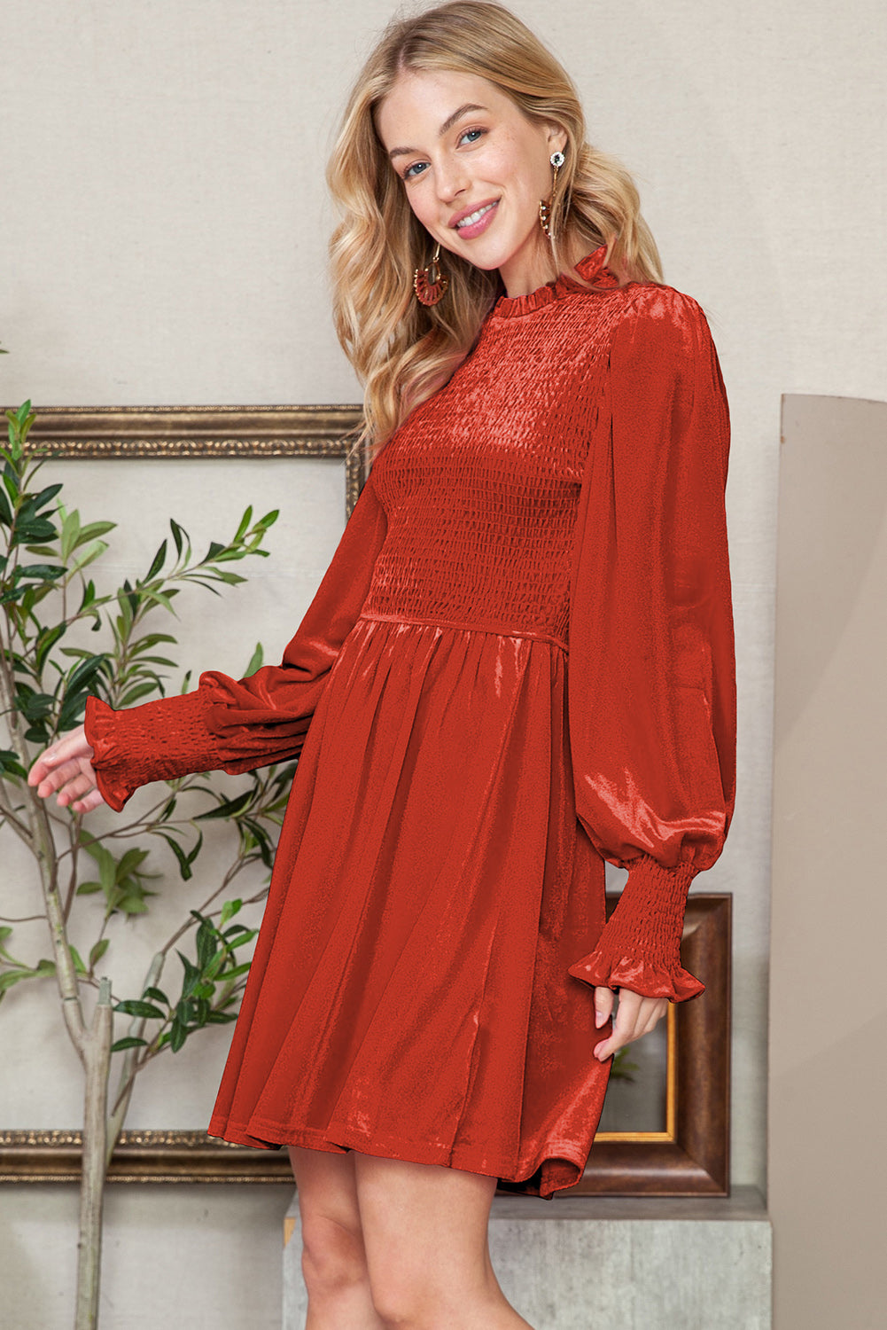 Blue Zone Planet | Red Smocked Lantern Sleeve Frilled Velvet Dress-TOPS / DRESSES-[Adult]-[Female]-2022 Online Blue Zone Planet