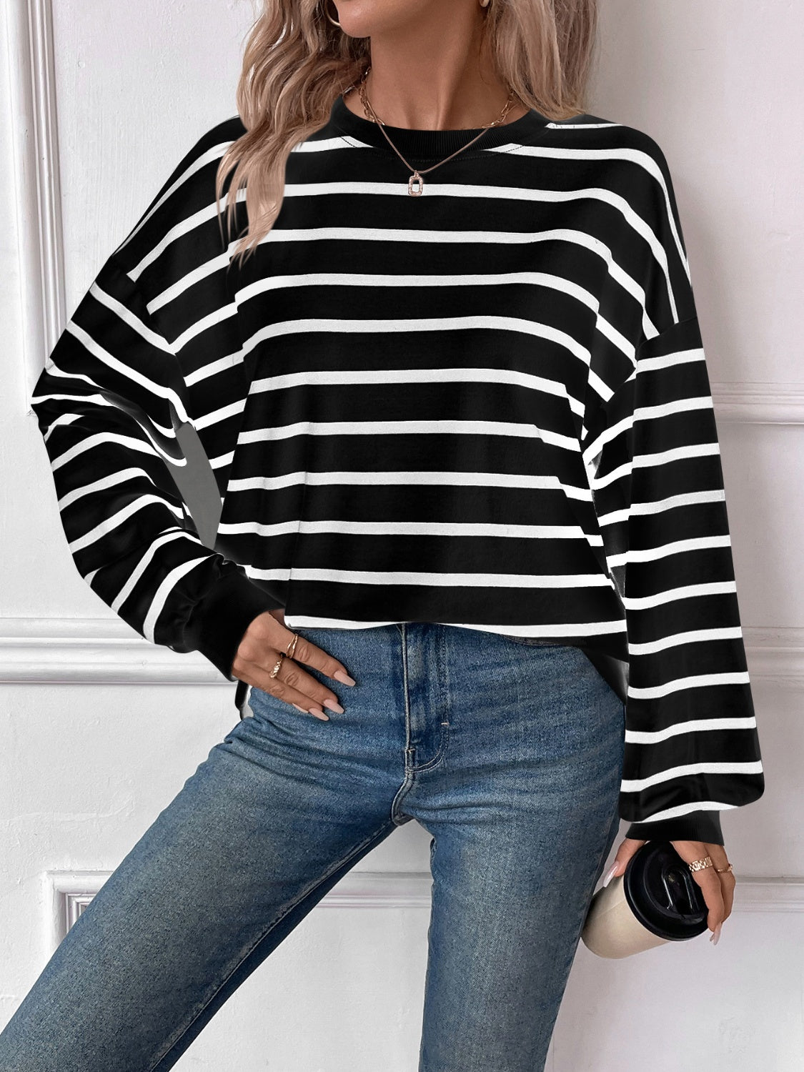 Blue Zone Planet | Lovelet Striped Round Neck Long Sleeve Sweatshirt-TOPS / DRESSES-[Adult]-[Female]-2022 Online Blue Zone Planet