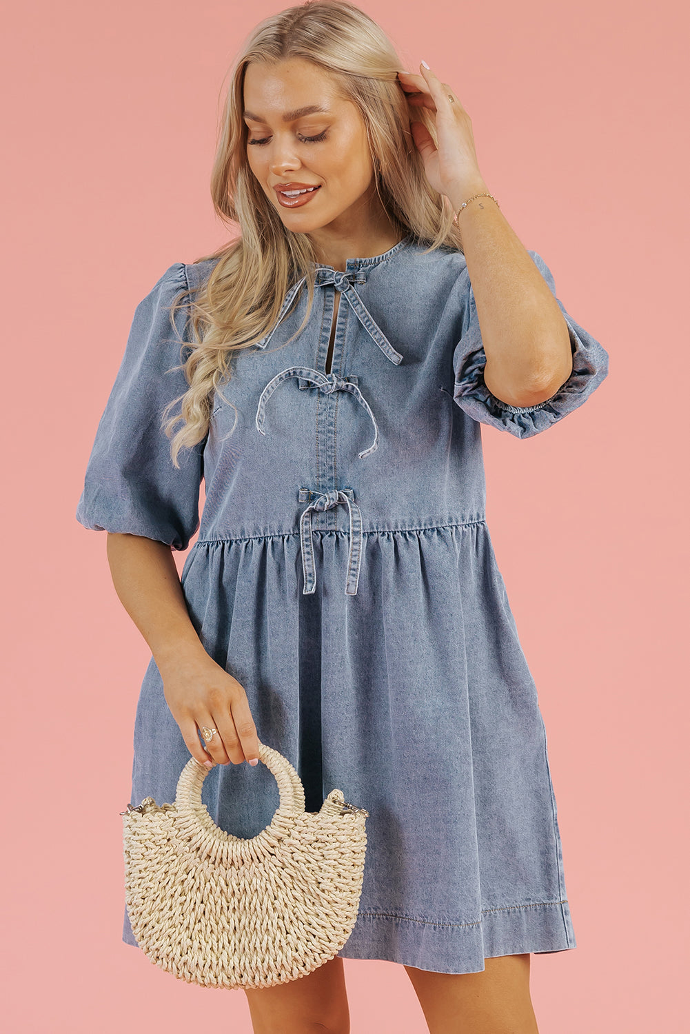 Dusk Blue Bowknot Bubble Sleeve Short Denim Dress-TOPS / DRESSES-[Adult]-[Female]-2022 Online Blue Zone Planet