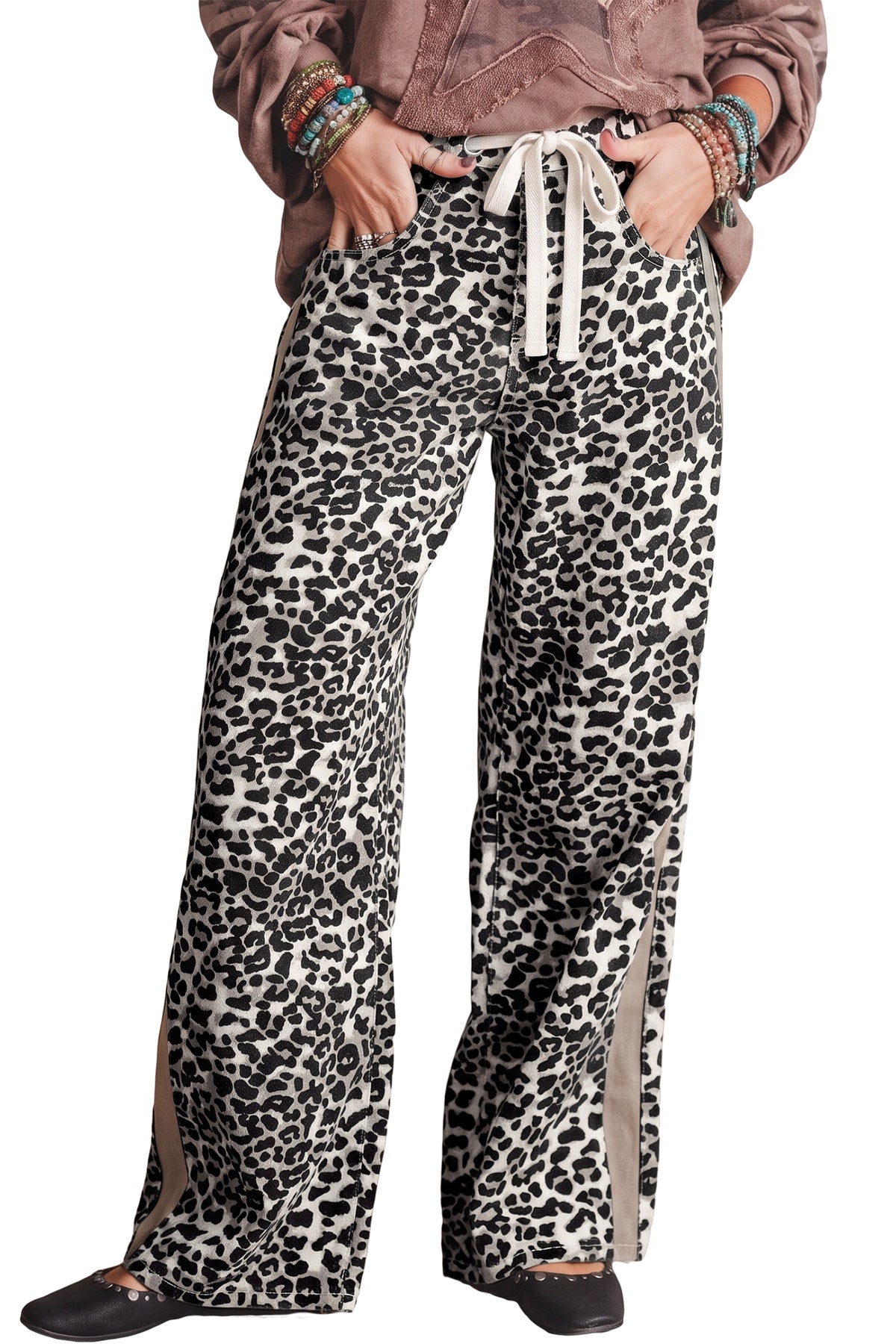 Khaki Leopard Print Drawstring Waist Straight Leg Jeans-Bottoms/Jeans-[Adult]-[Female]-2022 Online Blue Zone Planet