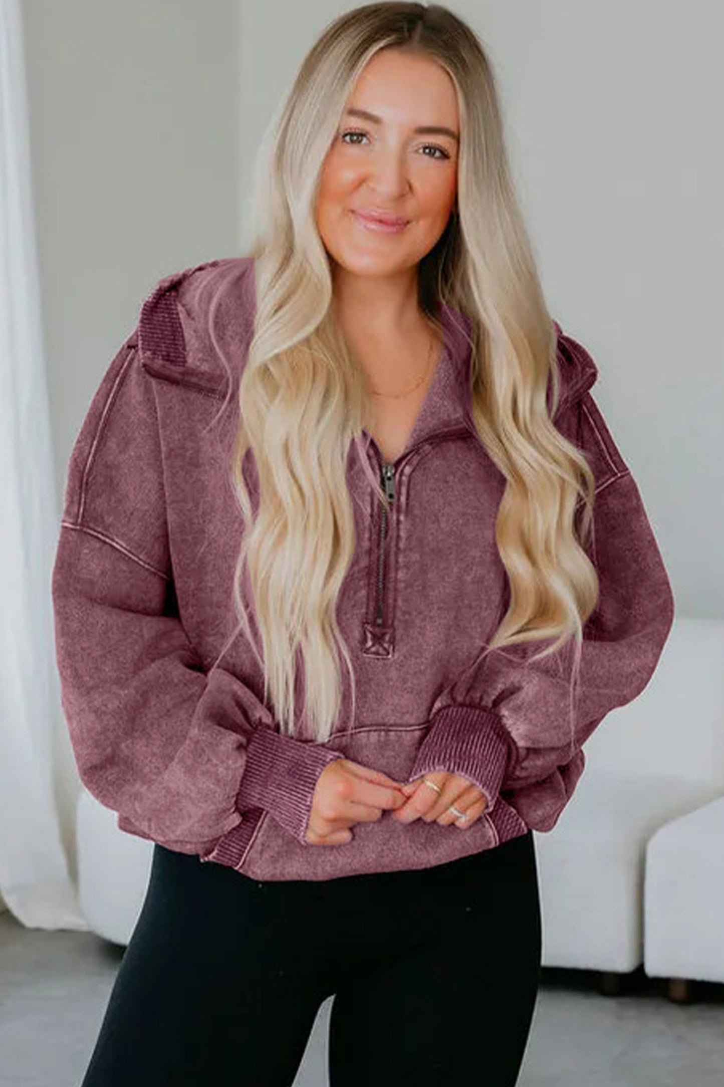 Wild Ginger Half Zip Kangaroo Pocket Mineral Wash Baggy Hoodie-Tops / Dresses-[Adult]-[Female]-2022 Online Blue Zone Planet