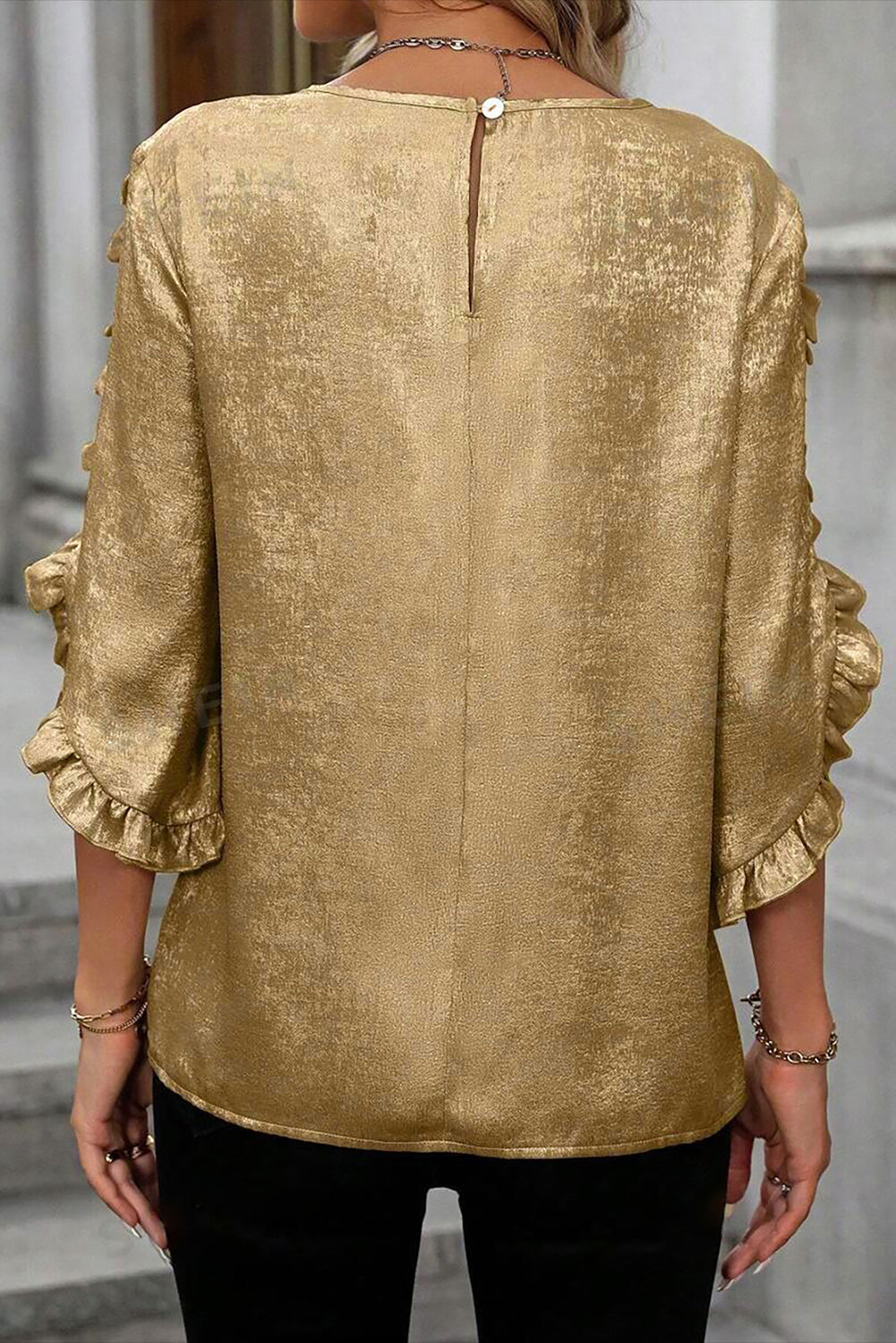 Gold Metallic Luster Frilled Half Sleeve Blouse-Tops/Blouses & Shirts-[Adult]-[Female]-2022 Online Blue Zone Planet