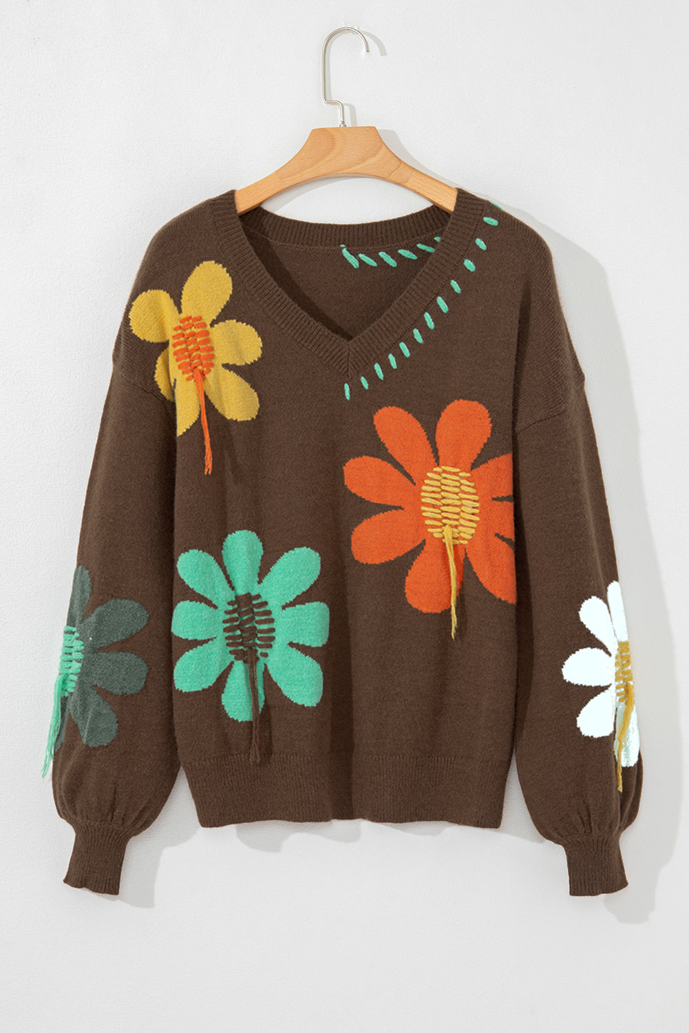 Blue Zone Planet | White Big Flower Pattern V Neck Drop Shoulder Sweater-Sweaters & Cardigans/Sweaters-[Adult]-[Female]-2022 Online Blue Zone Planet