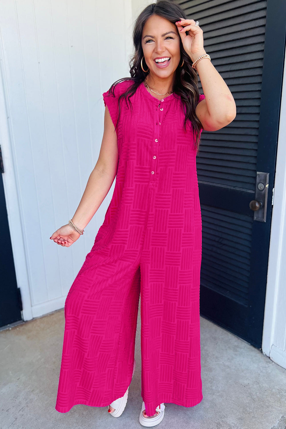 Blue Zone Planet |  Bright Pink Terry Textured Sleeveless Button Front Wide Leg Jumpsuit