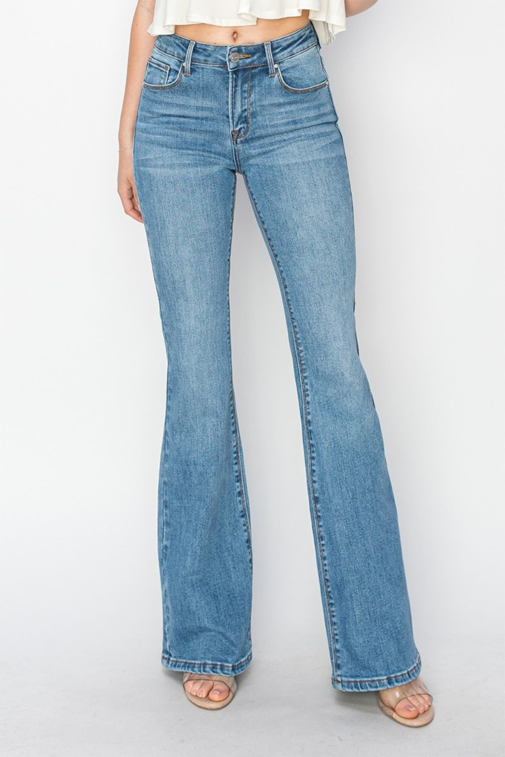 Blue Zone Planet | RISEN Mid Rise Flare Jeans with Pockets-BOTTOM SIZES SMALL MEDIUM LARGE-[Adult]-[Female]-2022 Online Blue Zone Planet