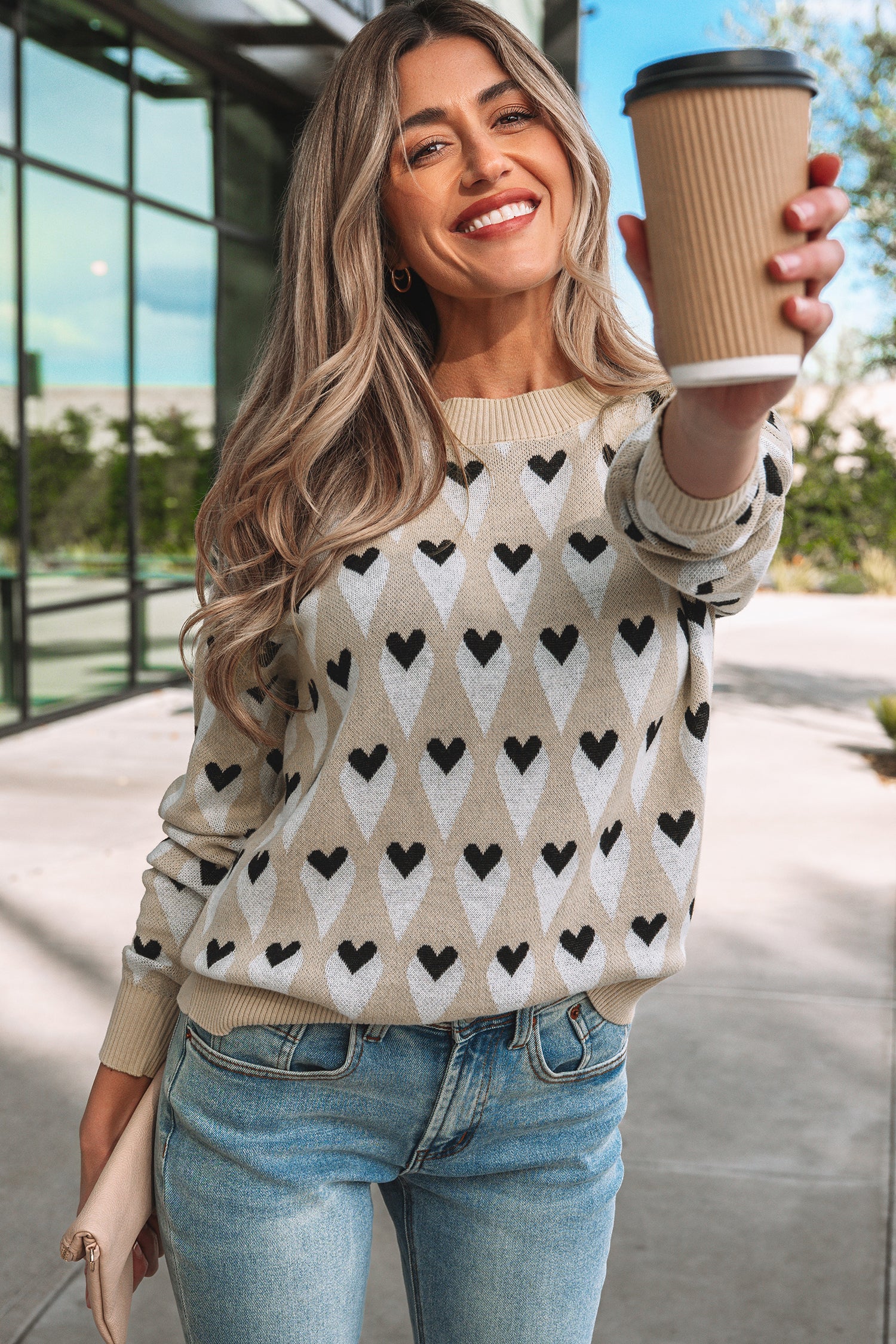 Parchment Geometric Heart Print Ribbed Trim Loose Sweater-TOPS / DRESSES-[Adult]-[Female]-2022 Online Blue Zone Planet