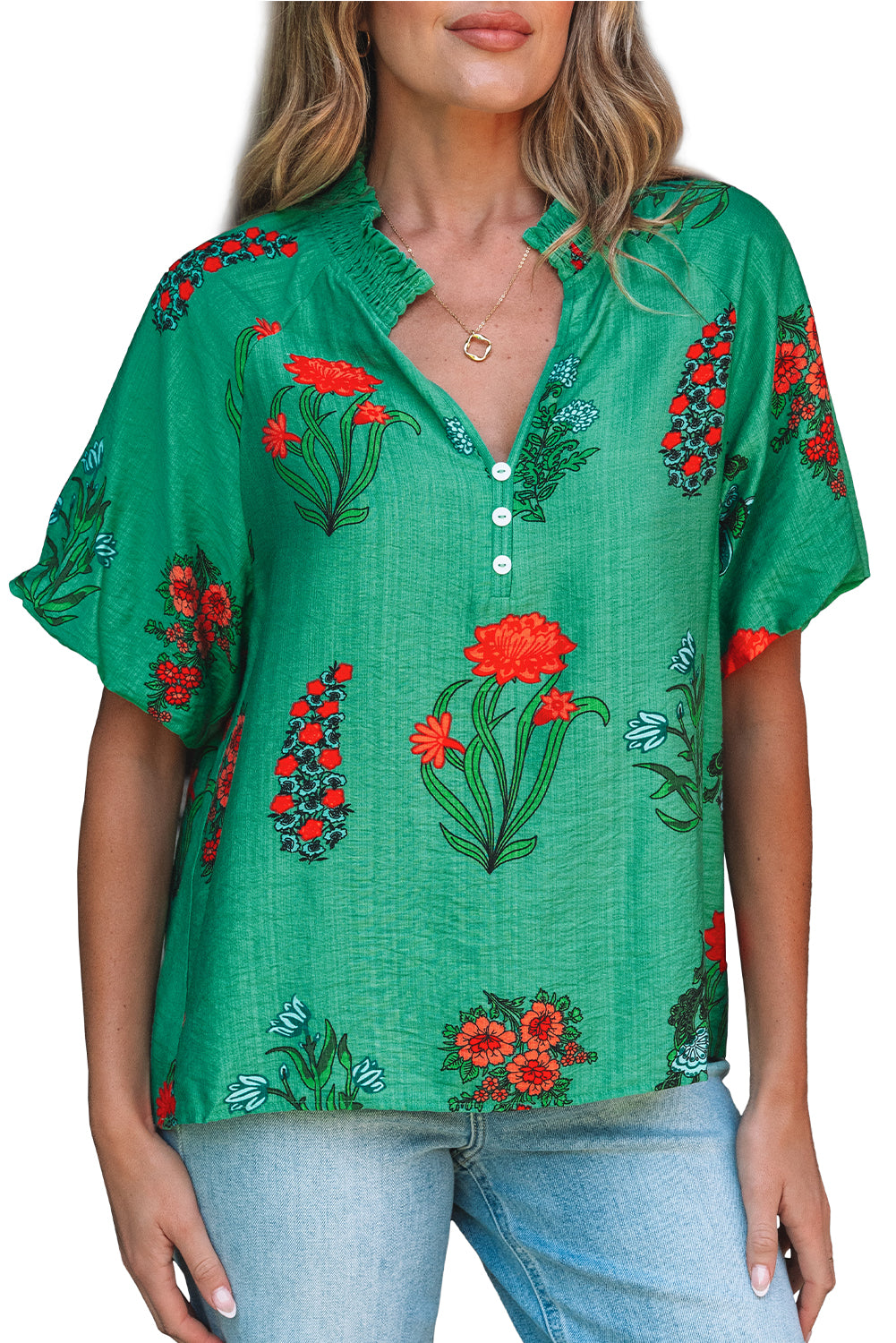 Bright Green Floral Print Buttoned V Neck Short Sleeve Blouse-Tops/Blouses & Shirts-[Adult]-[Female]-2022 Online Blue Zone Planet