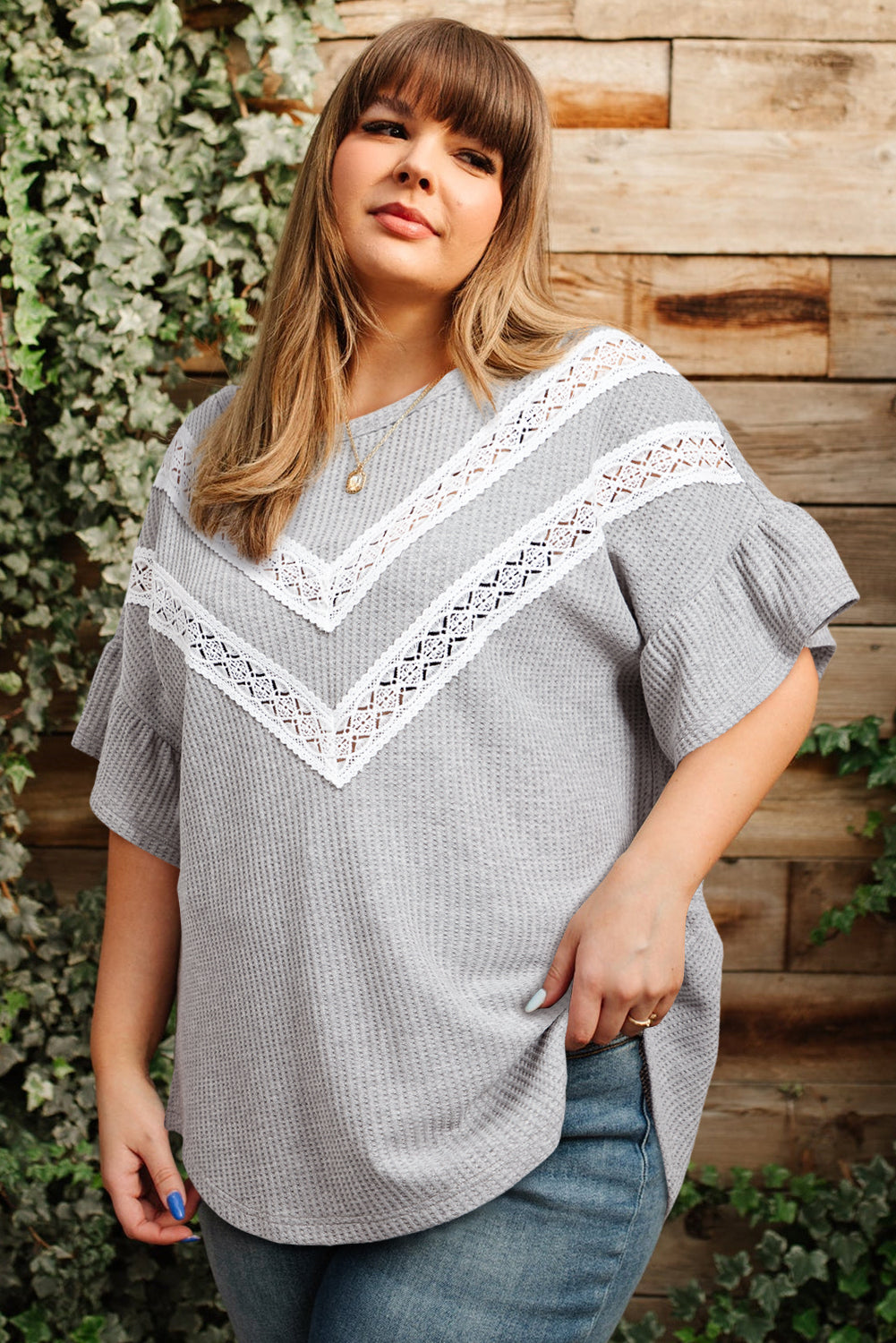 Light Grey Lace Insert Waffle Ruffle Short Sleeve Plus Size Top-Plus Size/Plus Size Tops/Plus Size Tops & Tees-[Adult]-[Female]-2022 Online Blue Zone Planet