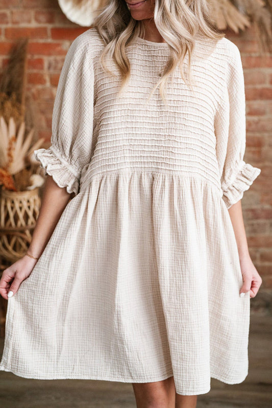 White Textured Ruffled Puff Sleeve Loose Dress-TOPS / DRESSES-[Adult]-[Female]-White-S-2022 Online Blue Zone Planet