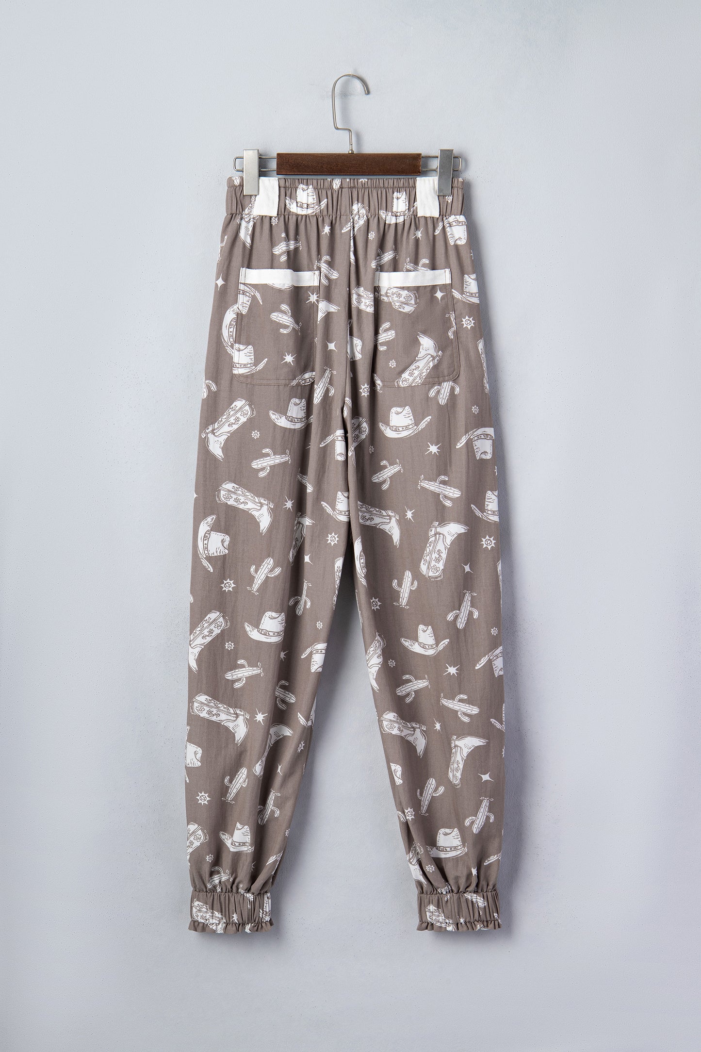 Khaki Western Cactus Cowgirl Hat Boot Printed Vintage Drawstring Jogger Pants-Bottoms/Pants & Culotte-[Adult]-[Female]-2022 Online Blue Zone Planet