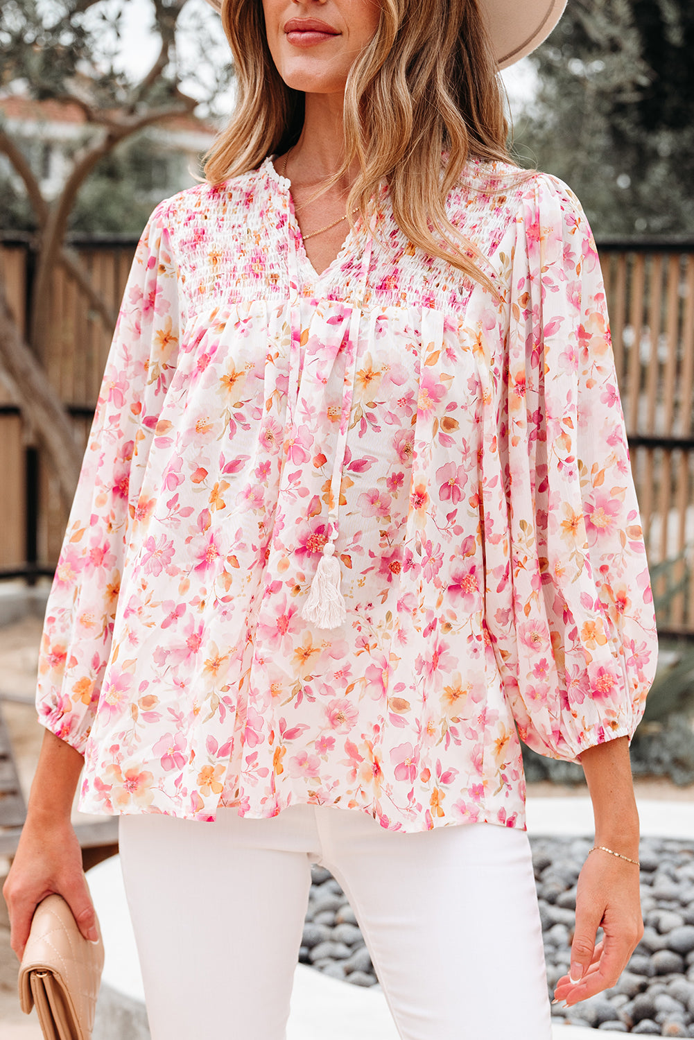 Pink Floral Print Tassel Tie Smocked V Neck Puff Sleeve Tunic Blouse-Tops/Blouses & Shirts-[Adult]-[Female]-2022 Online Blue Zone Planet