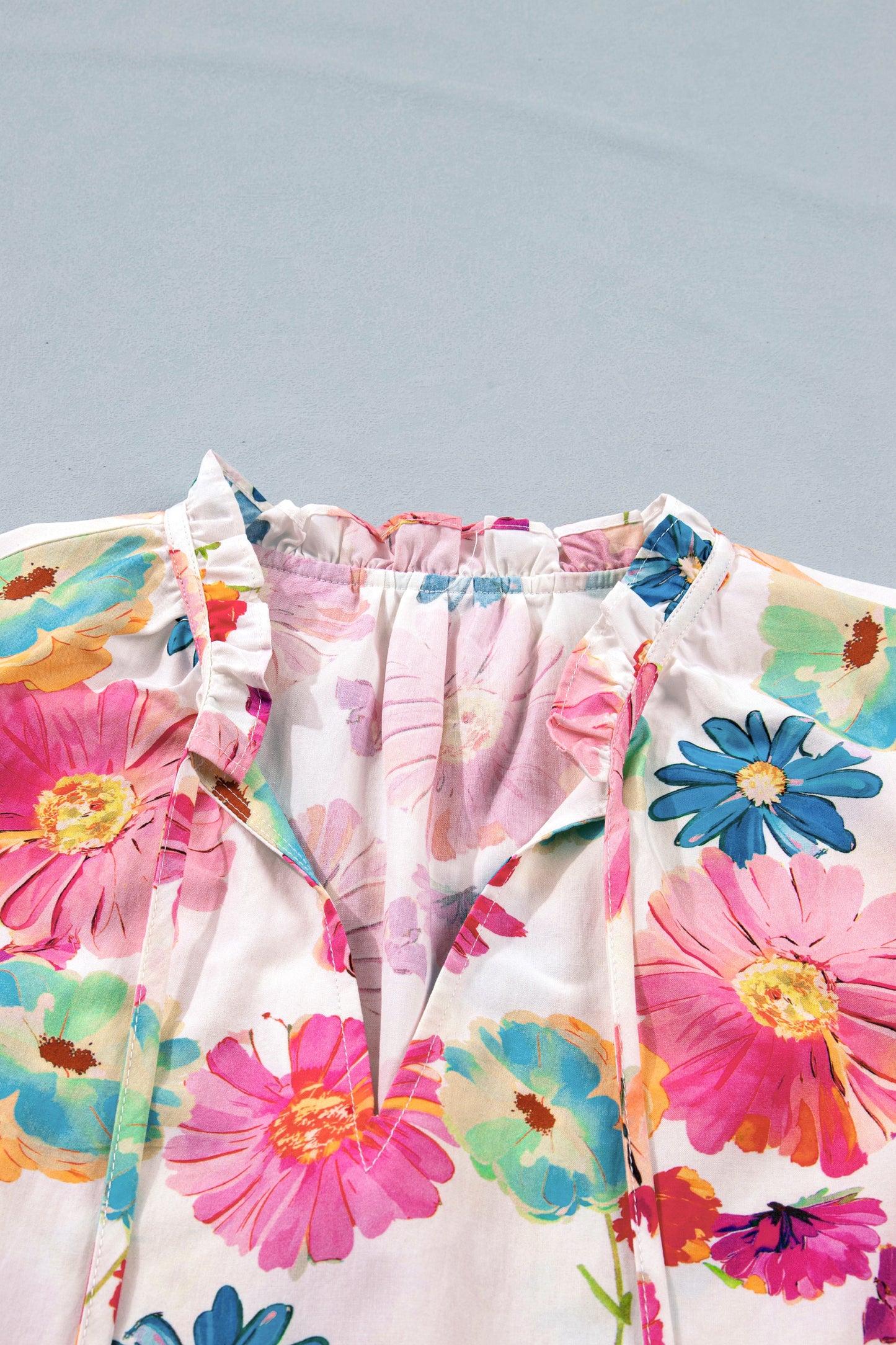 Beige Vibrant Summer Floral Tie V Neck Short Puff Sleeve Blouse-Tops/Blouses & Shirts-[Adult]-[Female]-2022 Online Blue Zone Planet