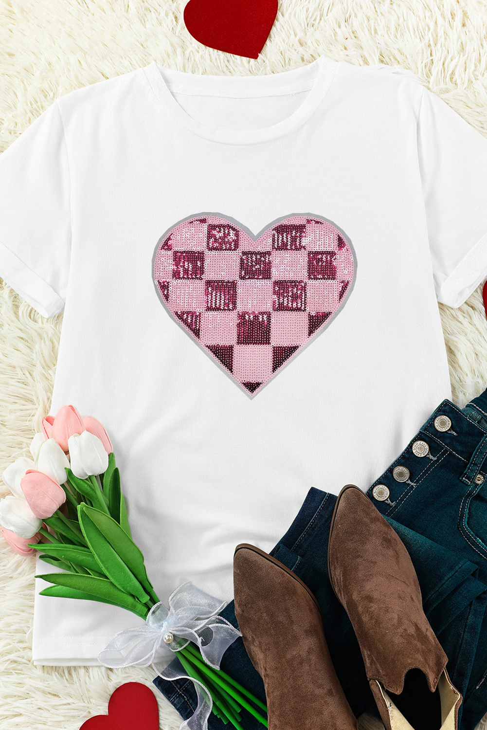 White Checkered Heart Patched Valentines Graphic Tee-Graphic Tees-[Adult]-[Female]-2022 Online Blue Zone Planet