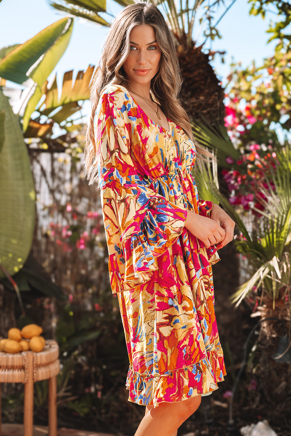 Pink Plant Print Flared Sleeve Ruffled Hem Tunic High Waist Flowy Dress-TOPS / DRESSES-[Adult]-[Female]-2022 Online Blue Zone Planet