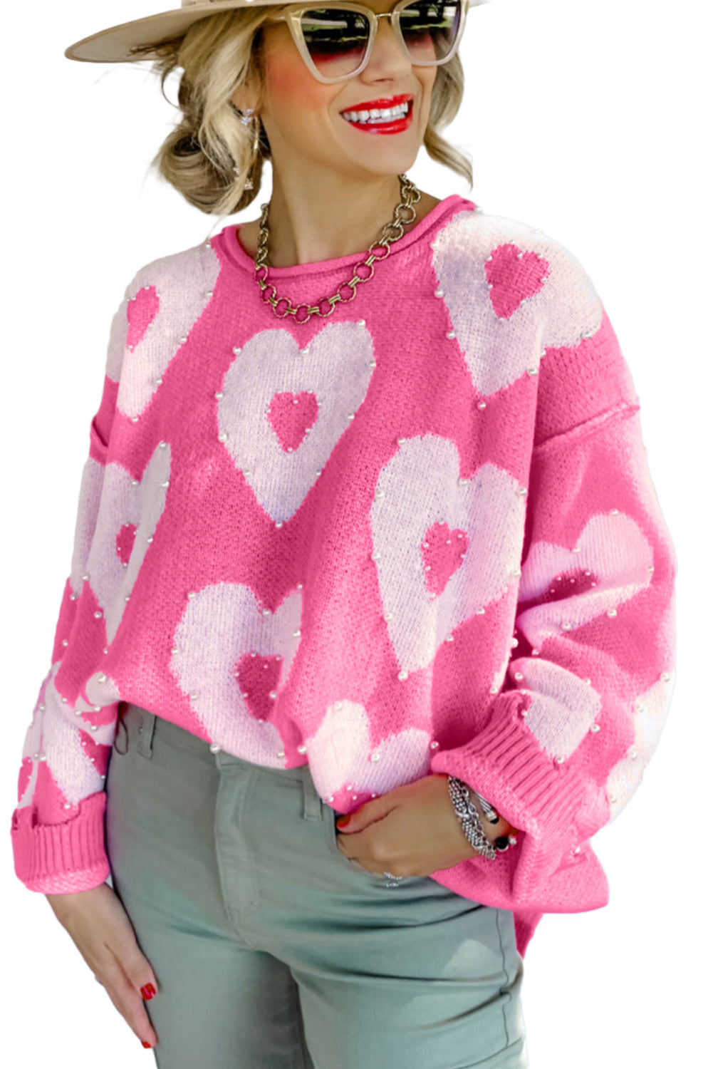 Bonbon Pearl Beaded Heart Drop Shoulder Sweater-Sweaters-[Adult]-[Female]-2022 Online Blue Zone Planet