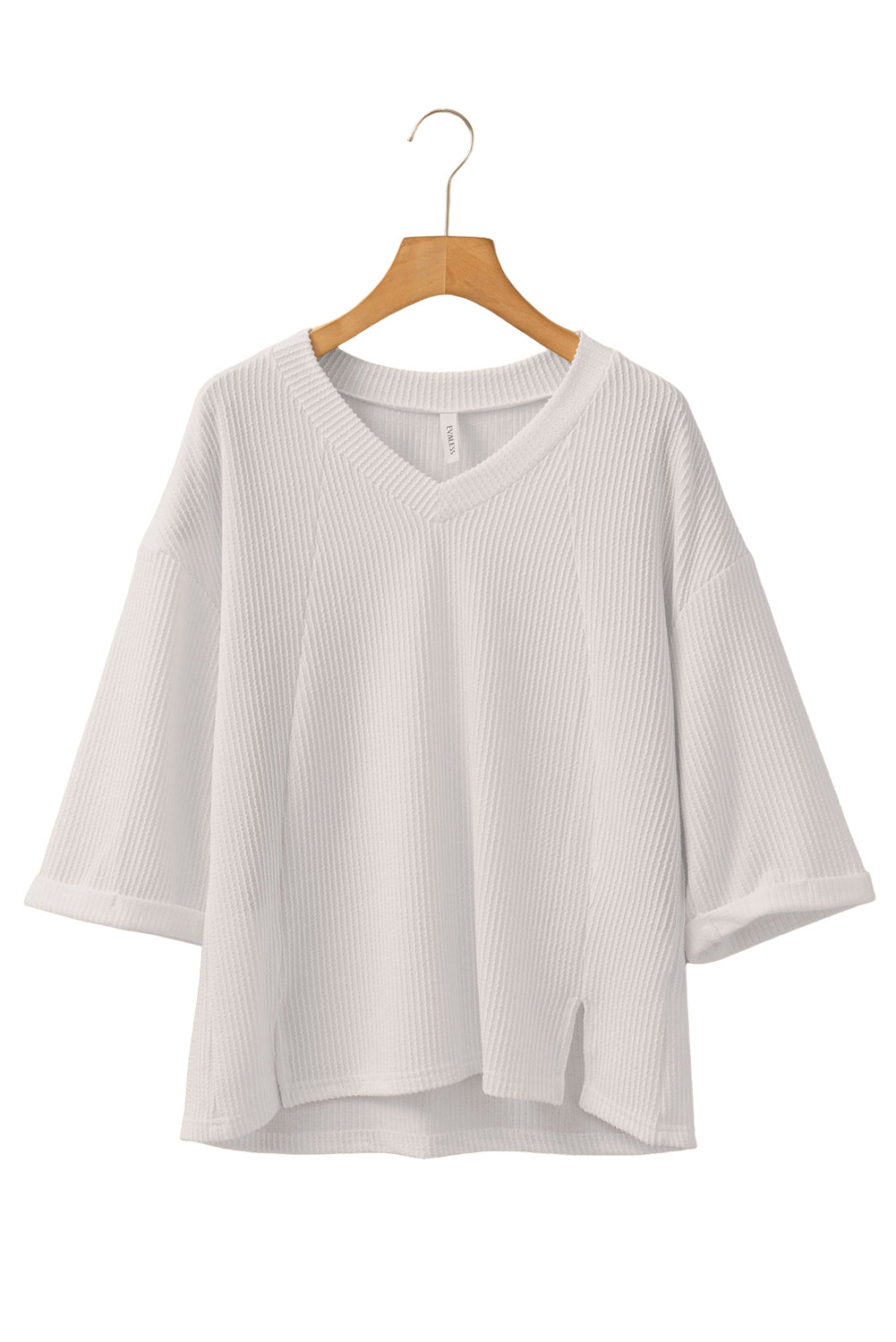 Blue Zone Planet | White Solid Color Corded Drop Shoulder 3/4 Sleeve V Neck Top-Tops/Long Sleeve Tops-[Adult]-[Female]-2022 Online Blue Zone Planet