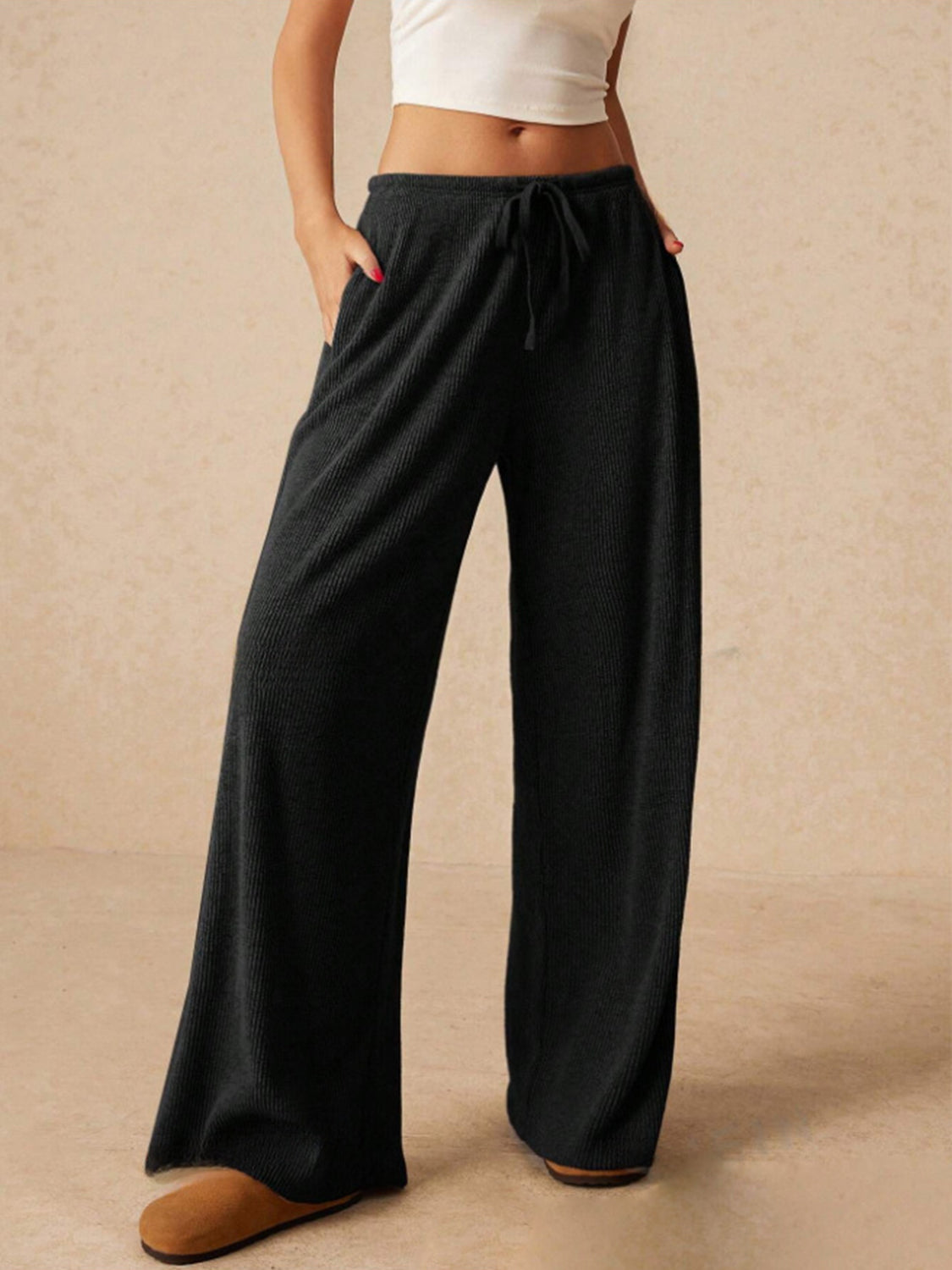 Blue Zone Planet | Ribbed Drawstring Wide Leg Pants-BOTTOMS SIZES SMALL MEDIUM LARGE-[Adult]-[Female]-Black-S-2022 Online Blue Zone Planet