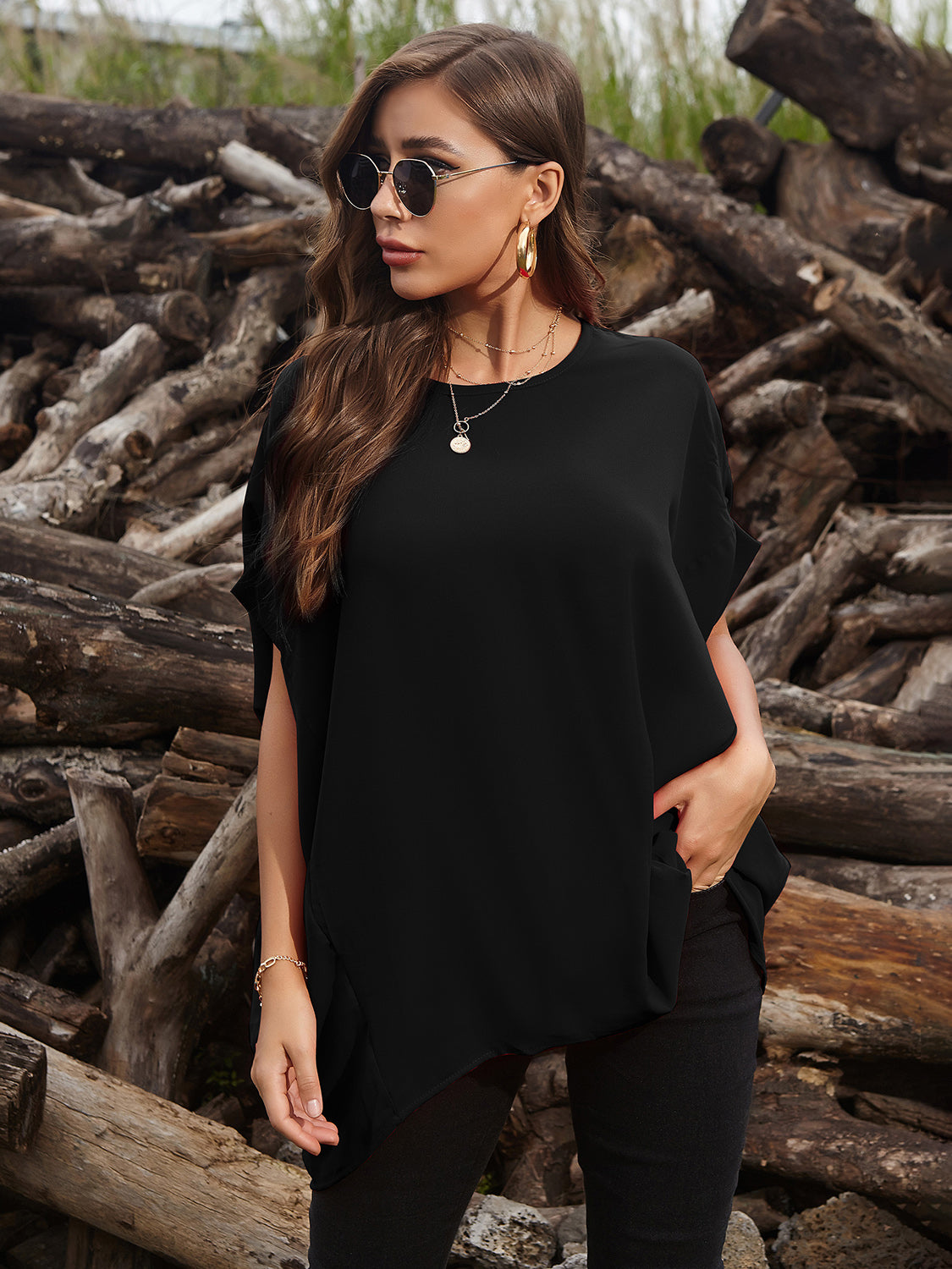 Perfee Round Neck Short Sleeve T-Shirt-TOPS / DRESSES-[Adult]-[Female]-Black-One Size-2022 Online Blue Zone Planet