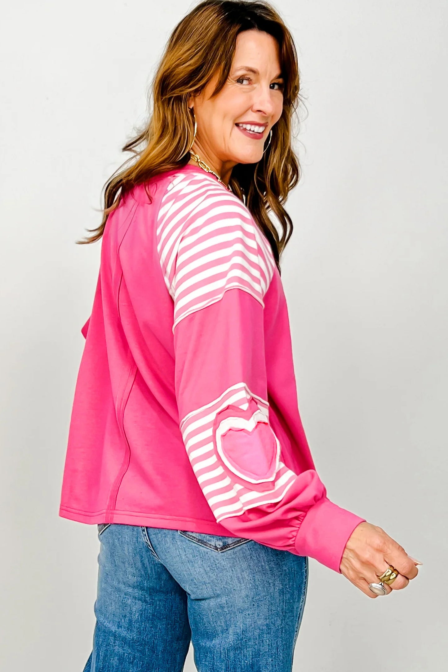 Strawberry Pink Heart Shape Striped Patchwork Long Sleeve Loose Top-Pre Order Tops-[Adult]-[Female]-2022 Online Blue Zone Planet