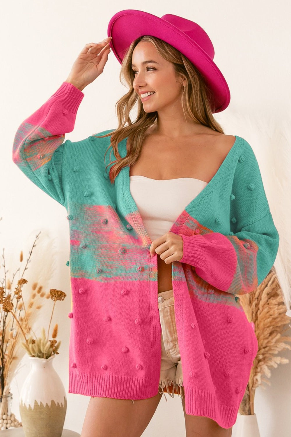 BiBi Color Block Ponpon Sweater Cardigan-TOPS / DRESSES-[Adult]-[Female]-Turquoise/Pink-S-2022 Online Blue Zone Planet