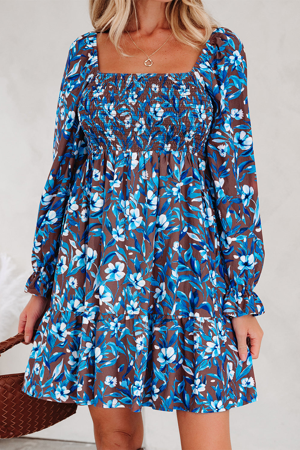 Blue Smocked Bodice High Waist Ruffled Sleeve Floral Dress-TOPS / DRESSES-[Adult]-[Female]-2022 Online Blue Zone Planet