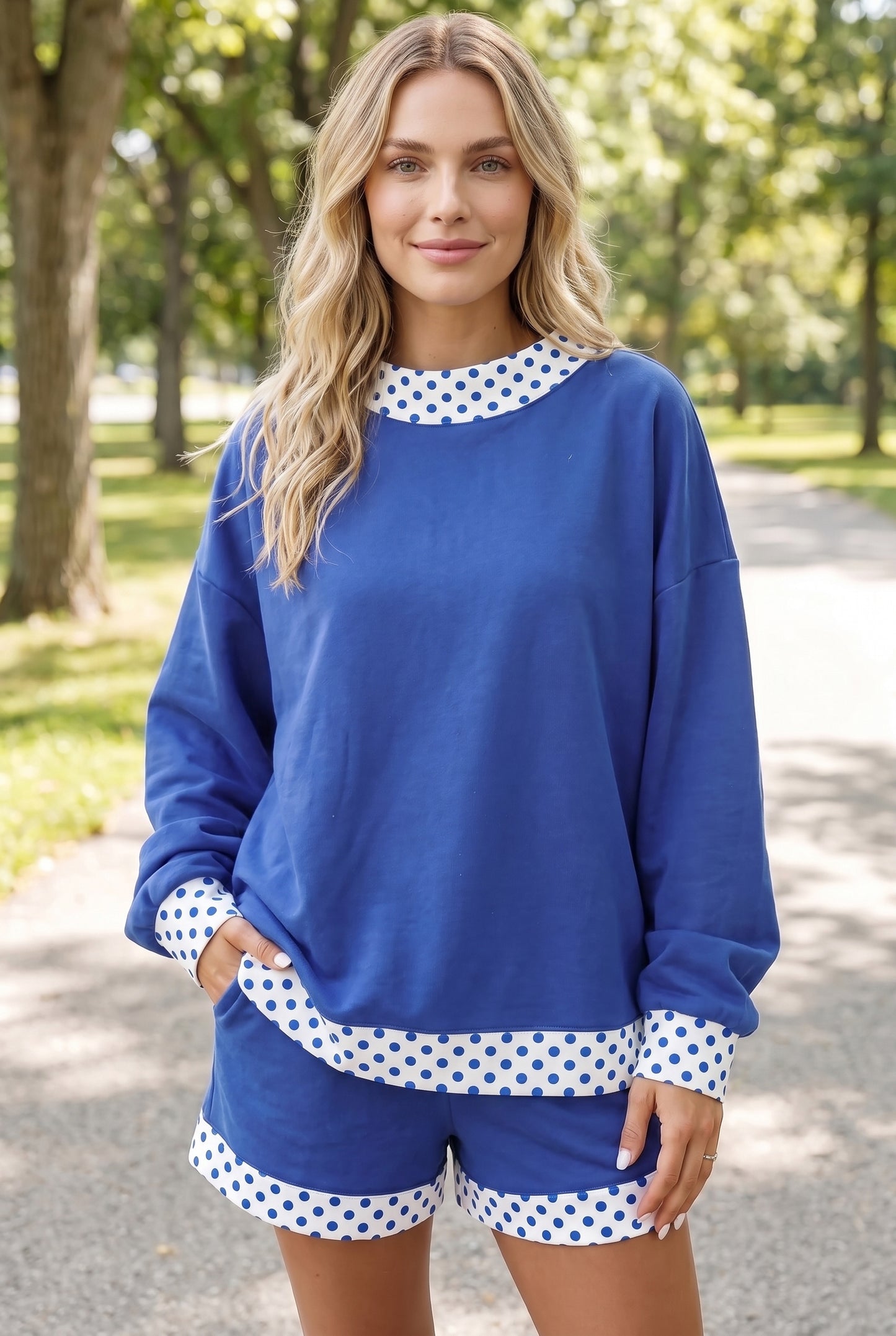 Dark Blue Polka Dot Trim Baggy Pullover 2pcs Short Set