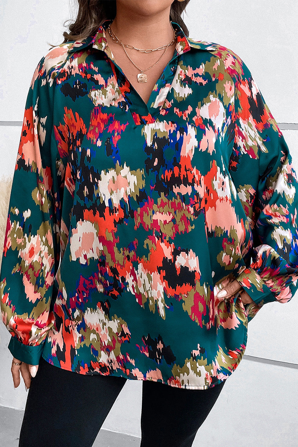 Plus Size Printed Johnny Collar Long Sleeve Blouse-TOPS / DRESSES-[Adult]-[Female]-Deep Teal-1XL-2022 Online Blue Zone Planet