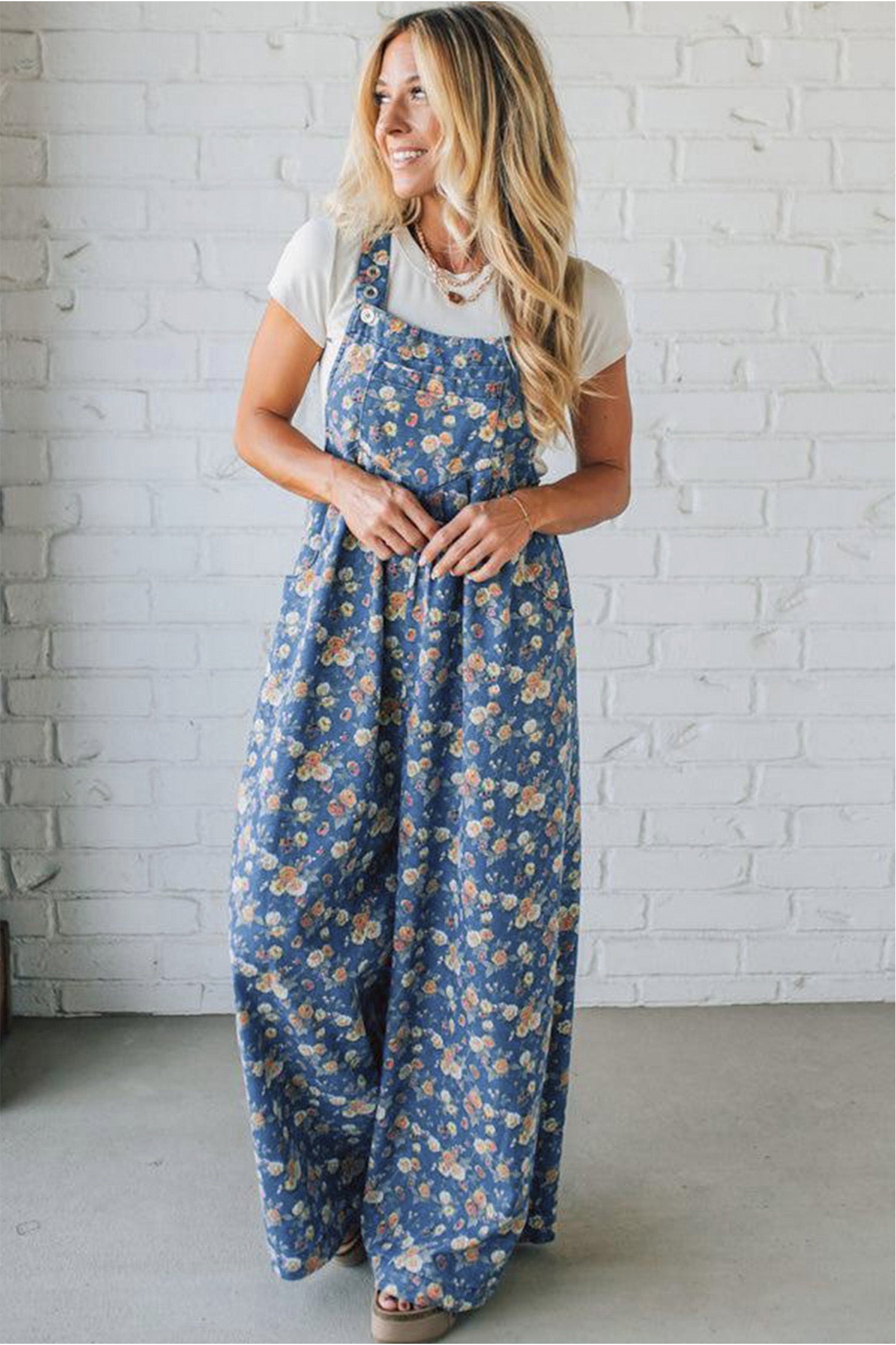 Blue Vintage Rose Printed Pleated Loose Denim Overall Jumpsuit-Bottoms/Jumpsuits & Rompers-[Adult]-[Female]-2022 Online Blue Zone Planet